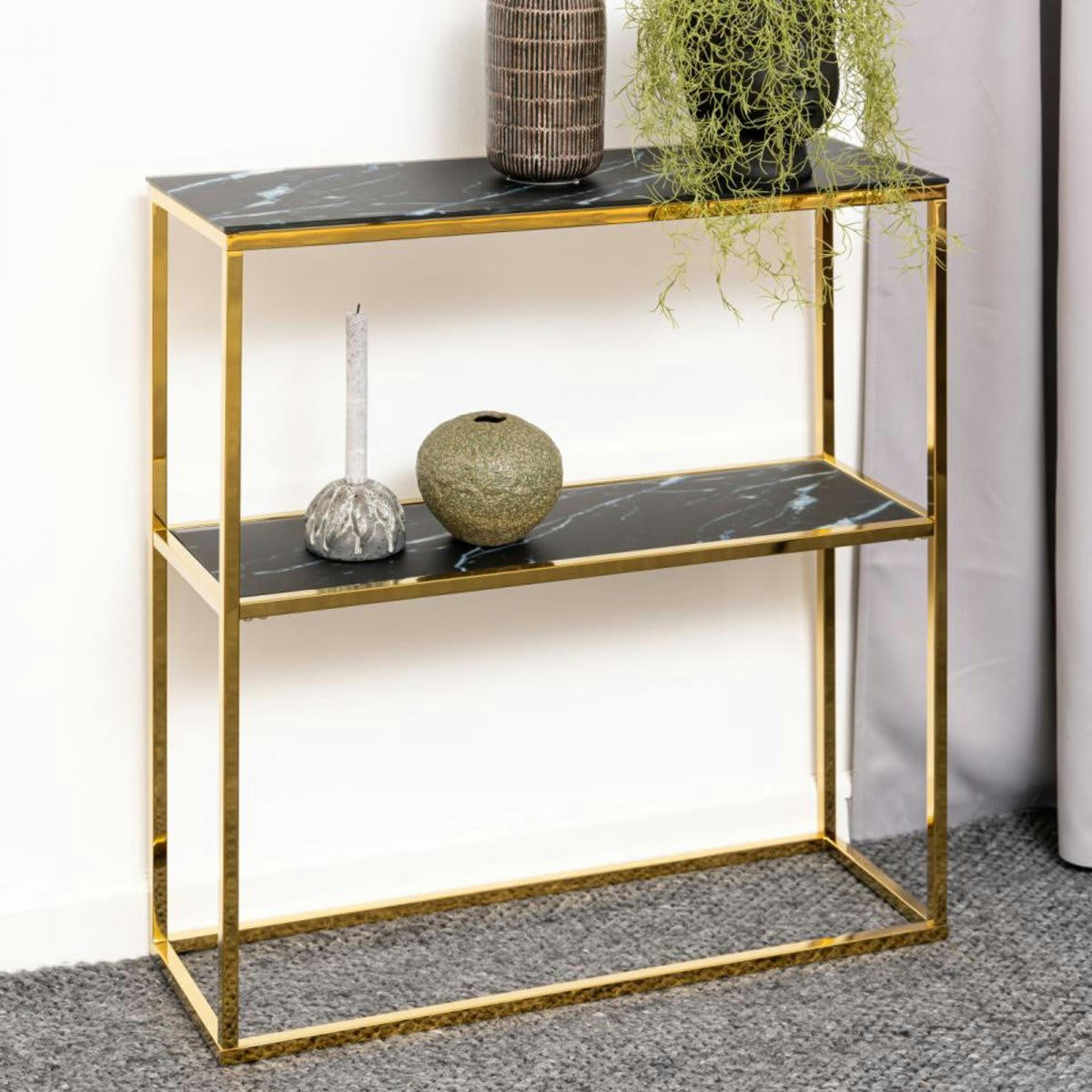AMINA - Console 2 plateaux en verre dépoli effet marbre et métal doré or