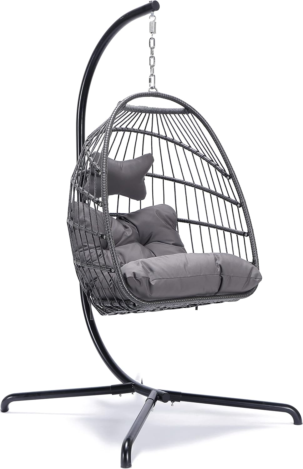 NICESOUL Swing Egg Chair with Stand Indoor Outdoor, Comfortable All Weather Wicker Patio Hanging Egg Shaped Chair with Cushions, 350lbs Capacity Hammock Chairs for Porch Balcony Bedroom, Dark Gray