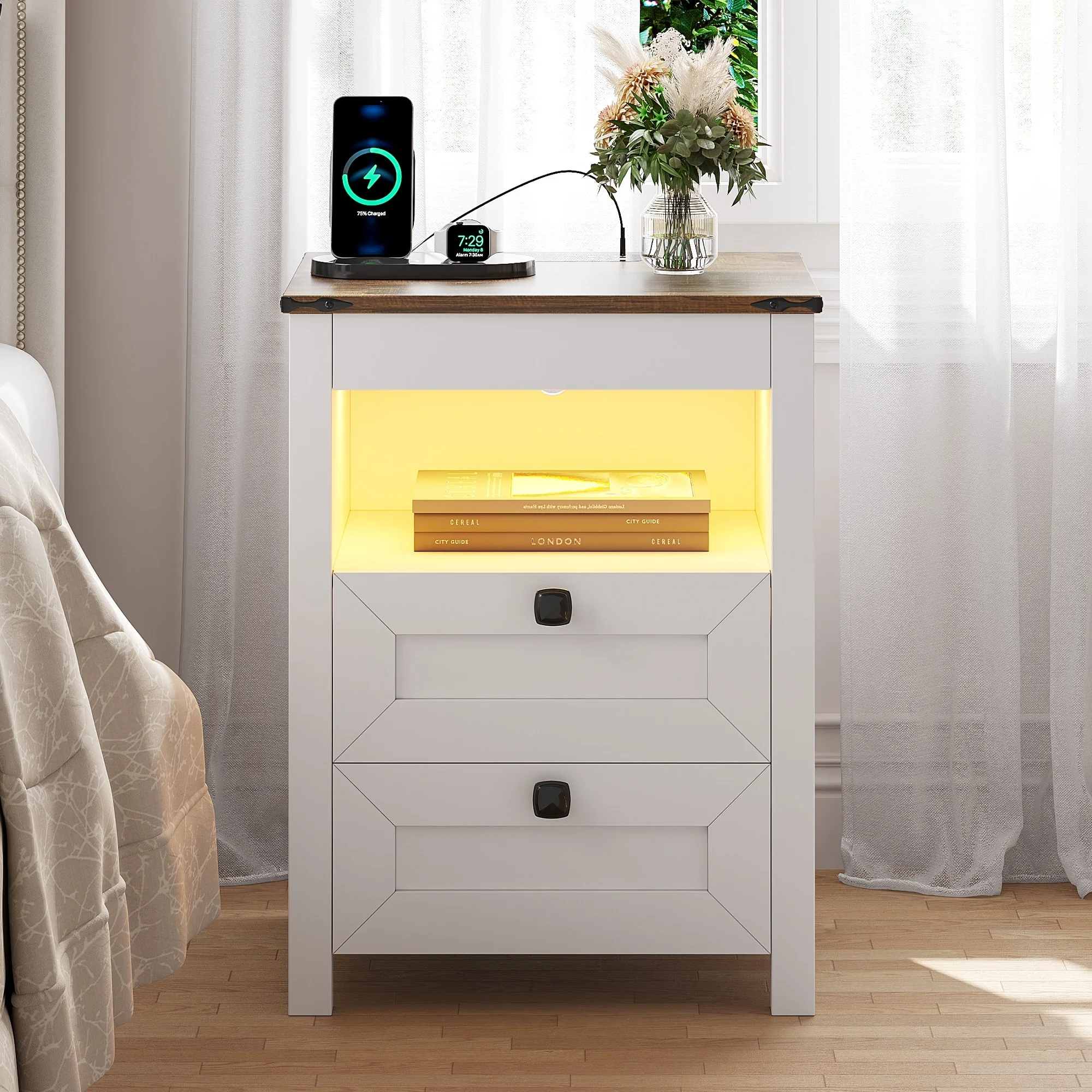 LED 2-Drawer Nightstand with Charging Station and Gun Drawer