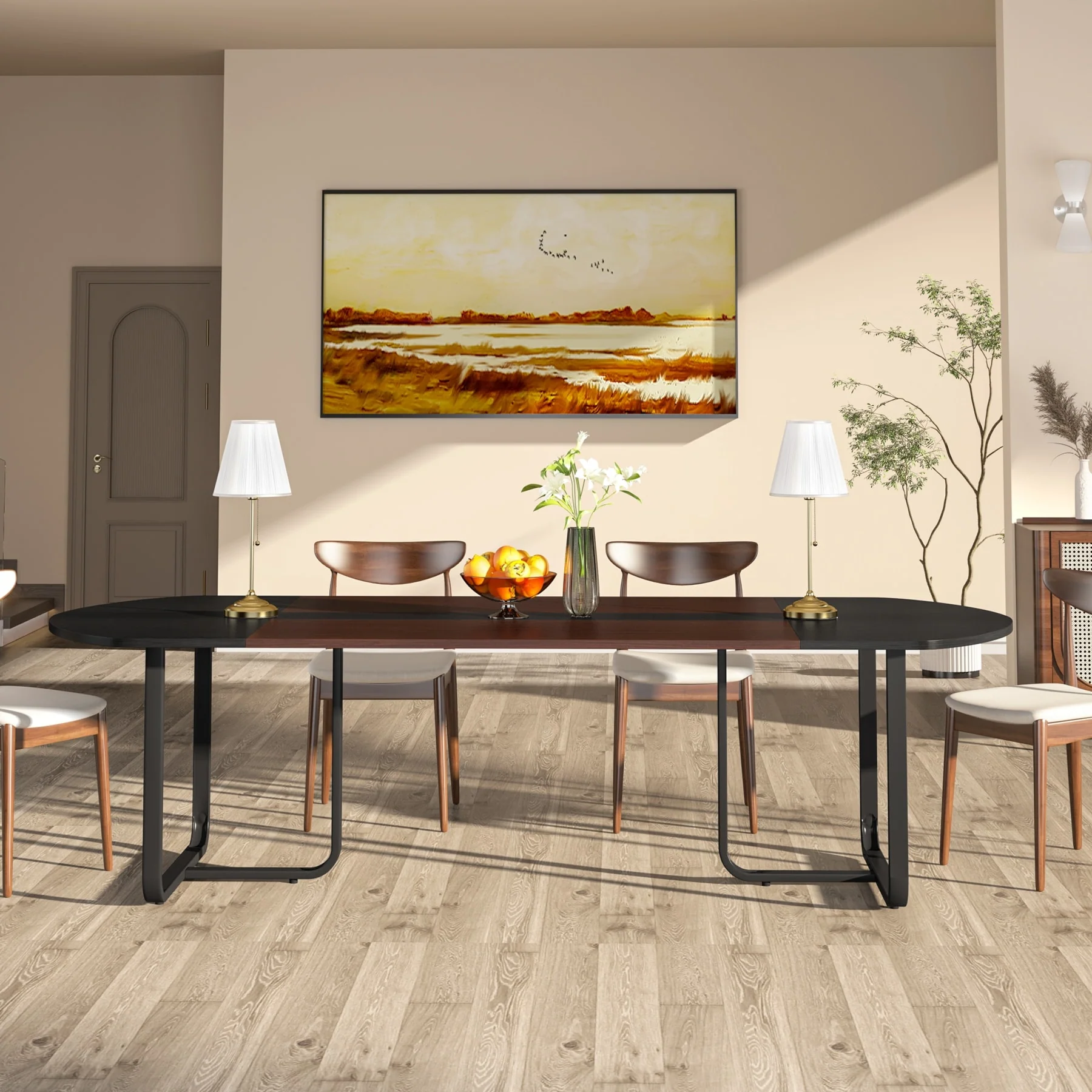 70.86 Modern Oval Dining Table with Walnut and Black Finish