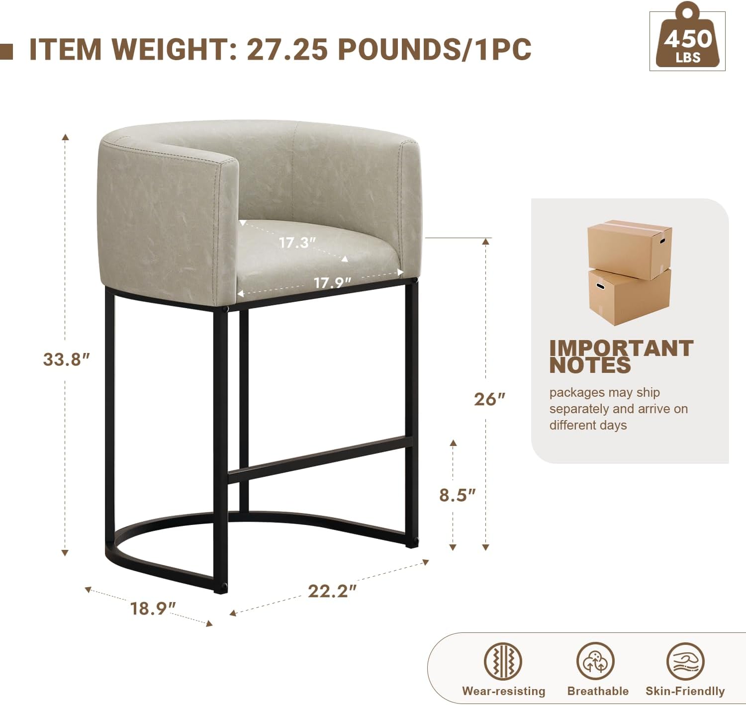 26 H Counter Height Bar Stools Set of 3, Modern Barrel Counter Stools with Backrest and Arms, Faux Leather Upholstered Accent Barstools for Kitchen Island,Support 450 LBS (Grayish White)