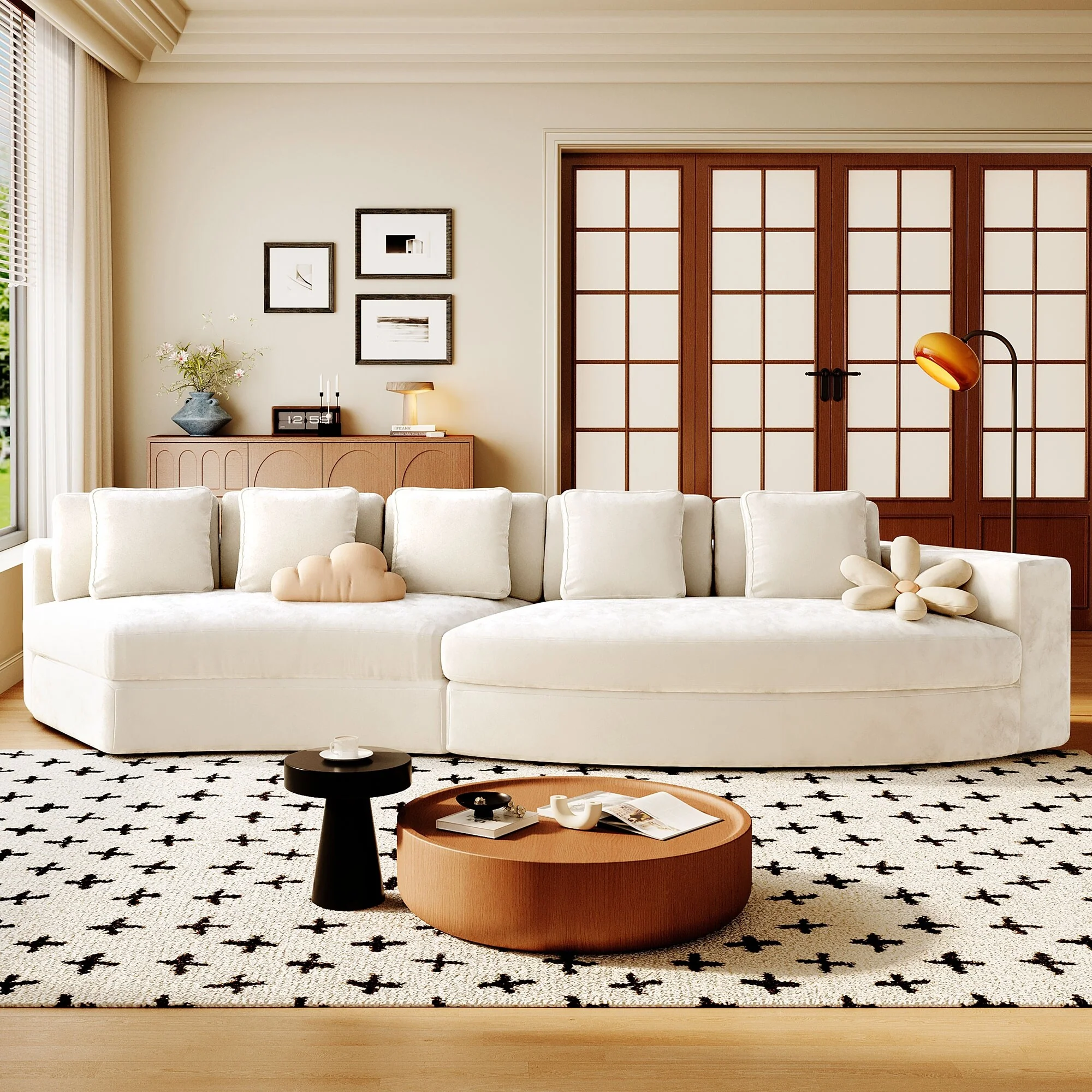 Jacquard Curved Sectional Sofa 2-Piece Modular Couches Set Chenille Upholstered Chaise Lounger with Pillows for Living Room