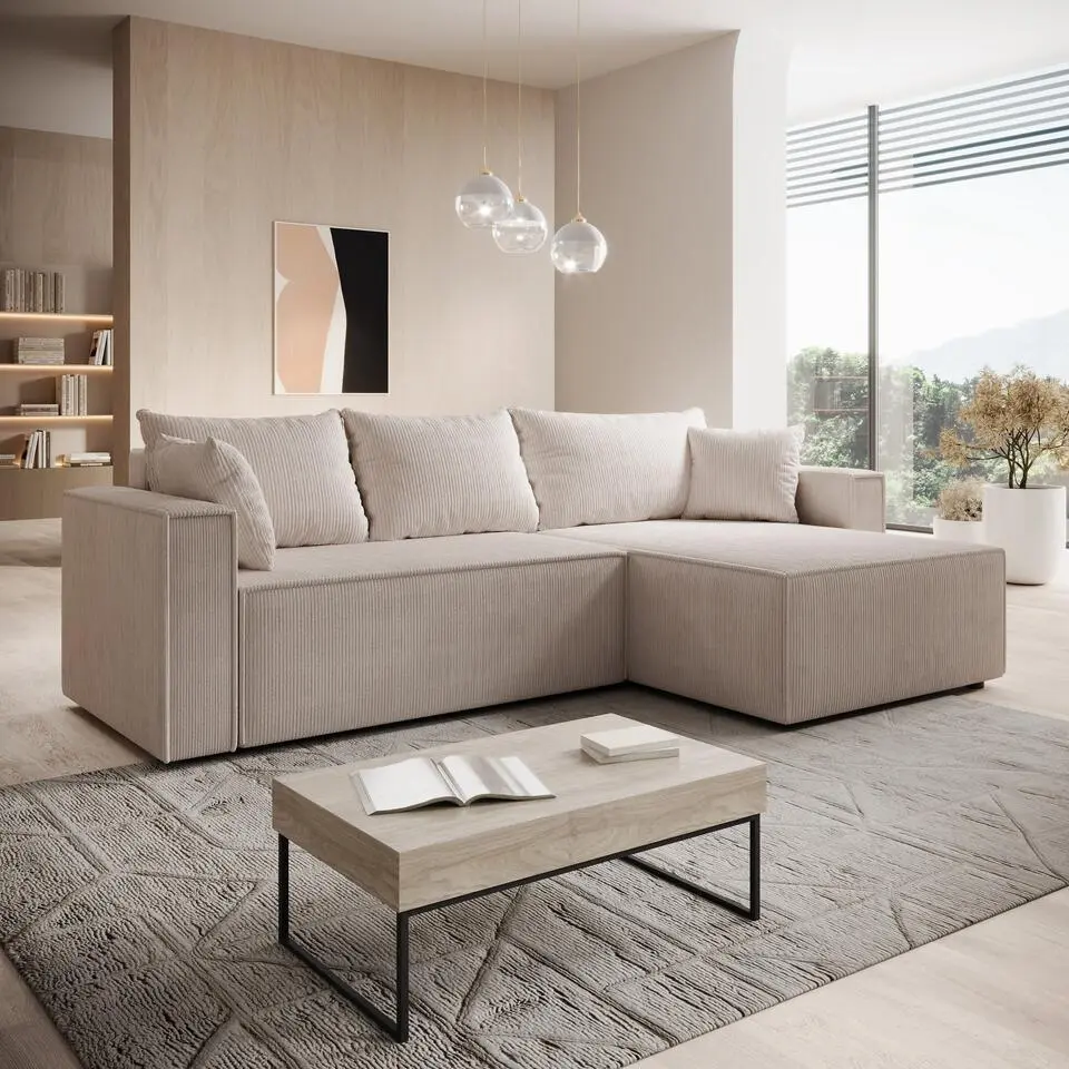 Meubella - Hoekbank Lawrence - Beige - Ribstof - Rechts