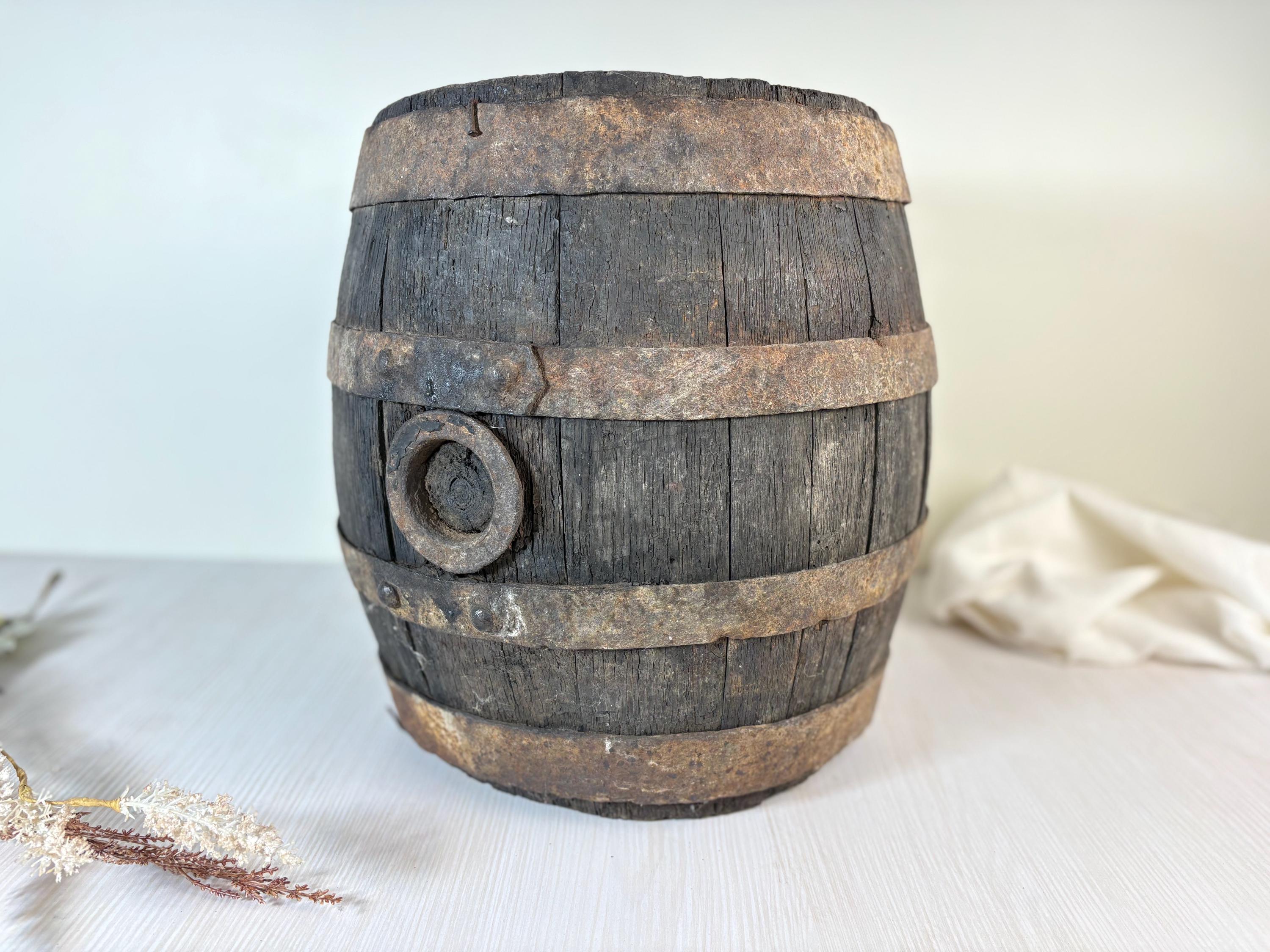 antique Rustic Wooden Barrel Vintage Hand Carved Kitchen Decor