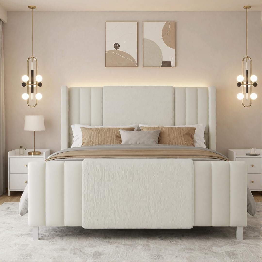 Queen Upholstered Bed Frame with Headboard and Footboard, Boucle and Velvet Bed Frame with LED Lights, Modern Platform Bed Frame, Noiseless, Easy Assembly, White
