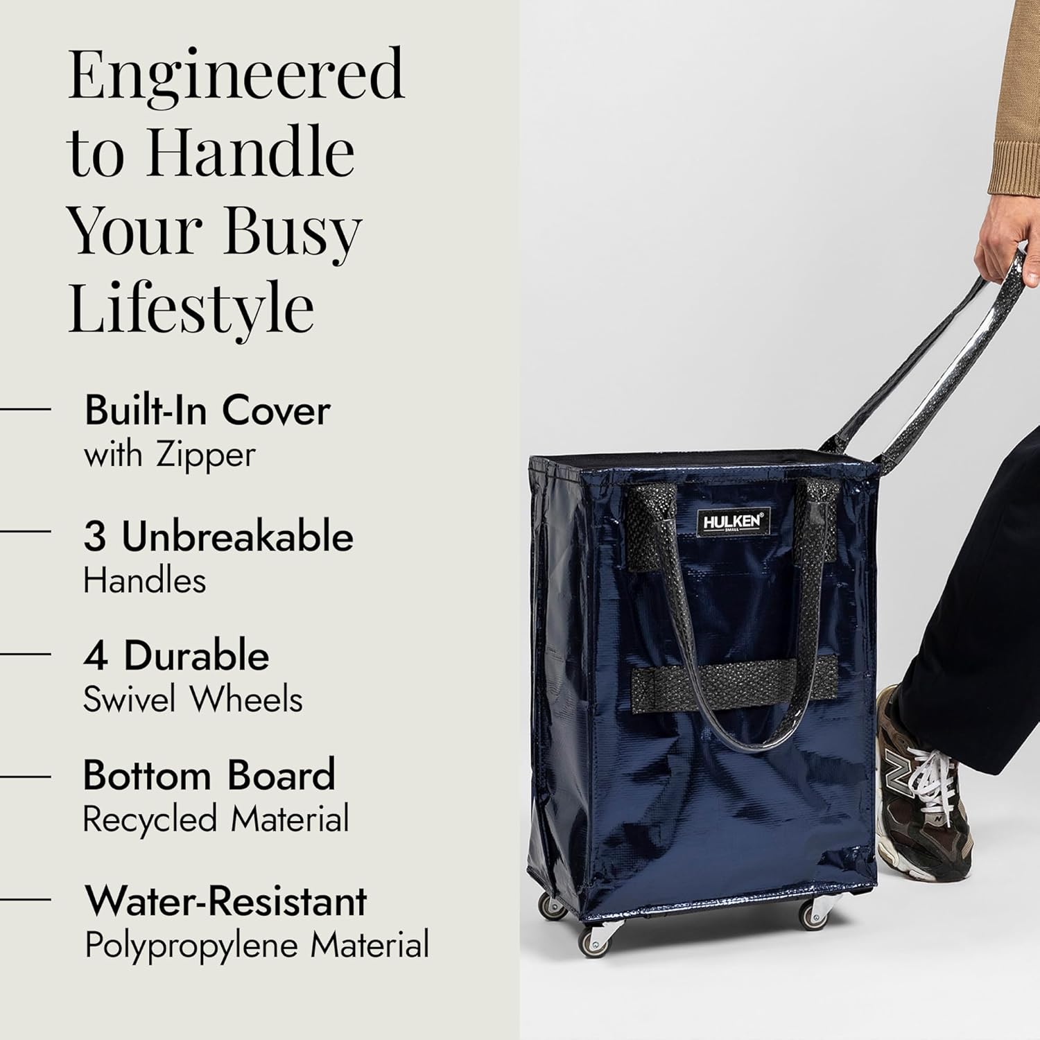HULKEN (Small, Midnight Blue) Reusable Grocery Bag On Wheels, Shopping Trolley, Rolling Tote, Zipper Closure, Lightweight, Carries Up to 66 lb, Folds Flat