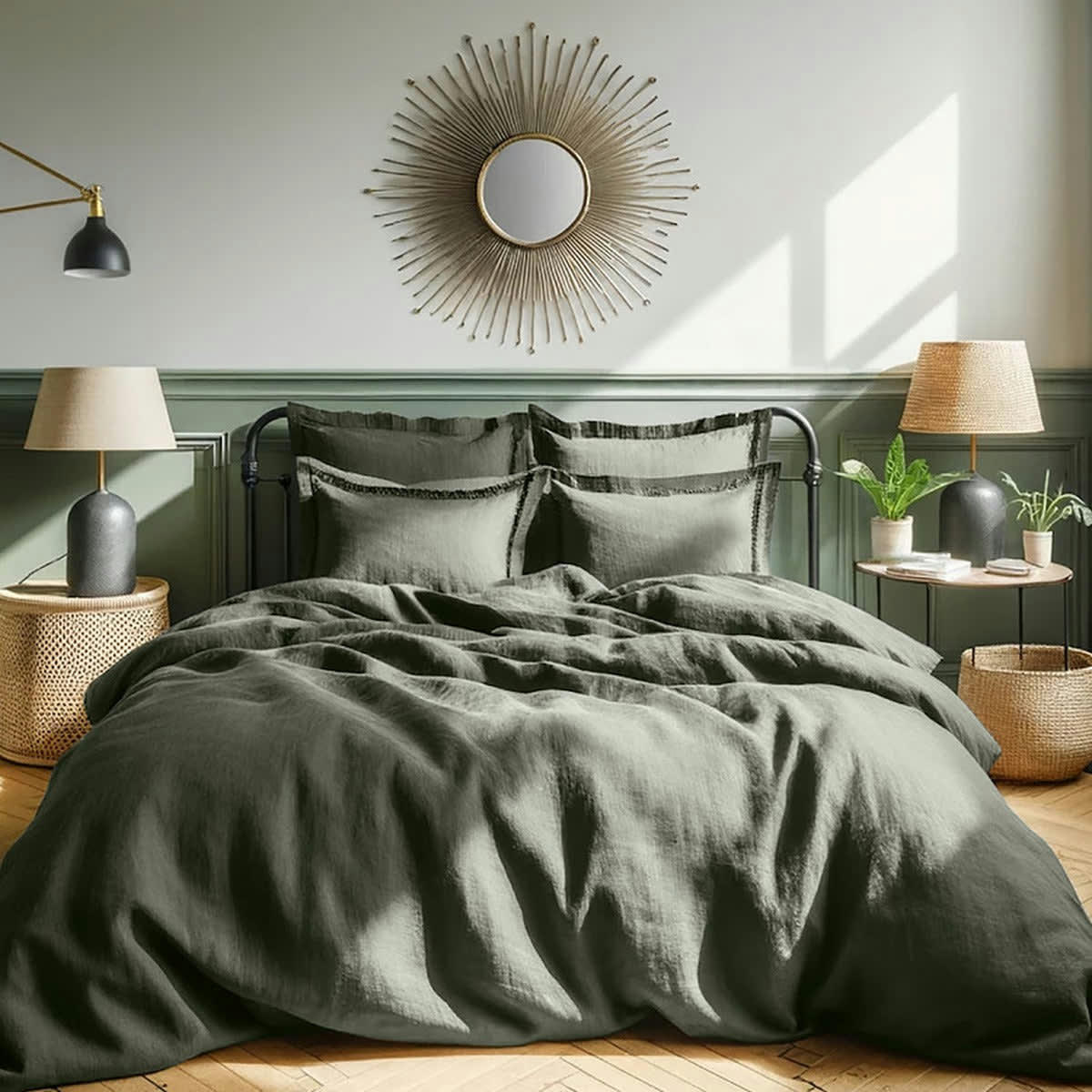 HORTENSE - Drap housse lin lavé  180x200x40 vert kaki