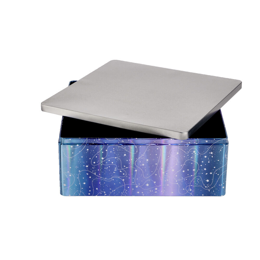 BoÎte alimentaire carré en fer décor bleu et argenté 26x26xH10cm