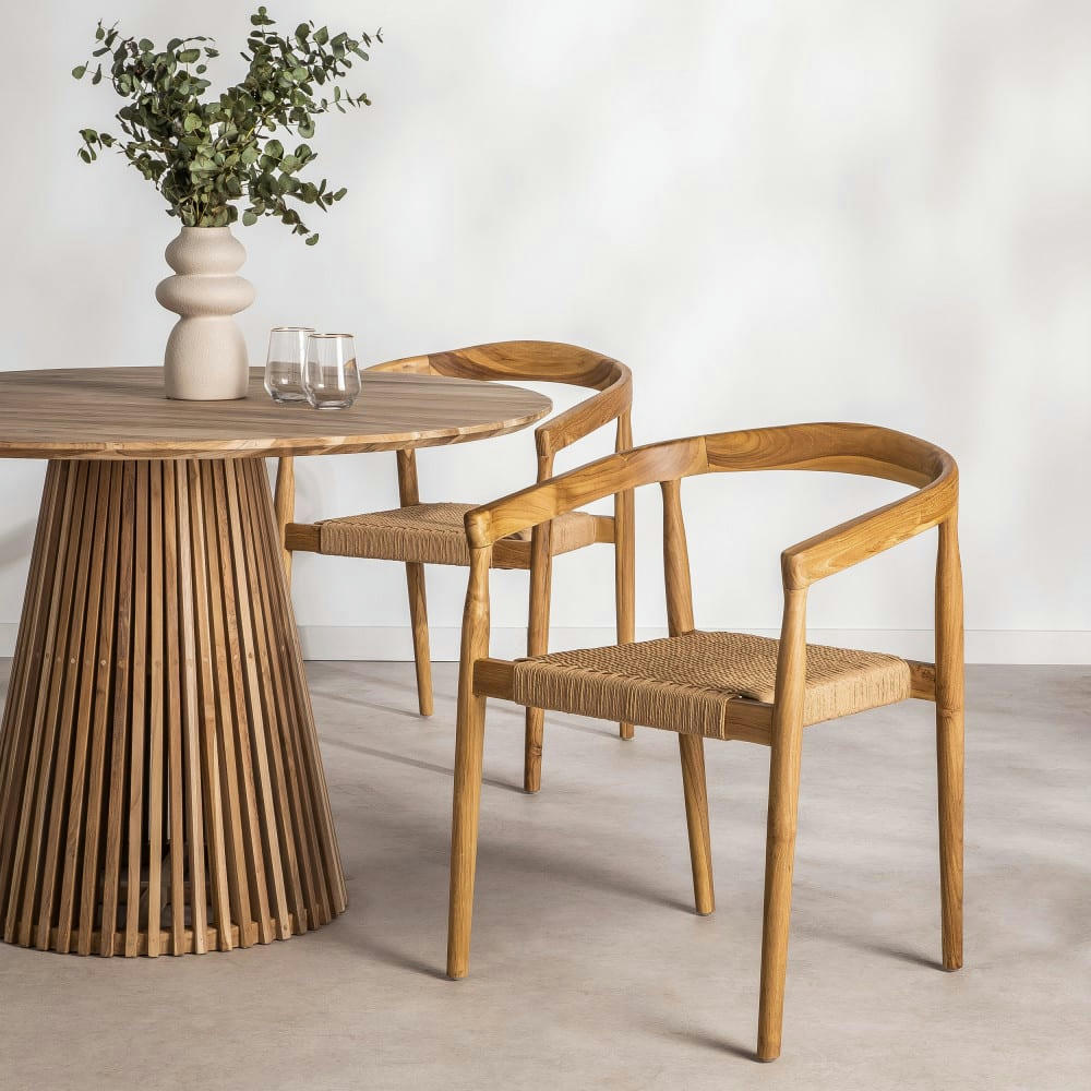 BURI - Lot de 2 fauteuils de table en teck et corde tressé bois clair