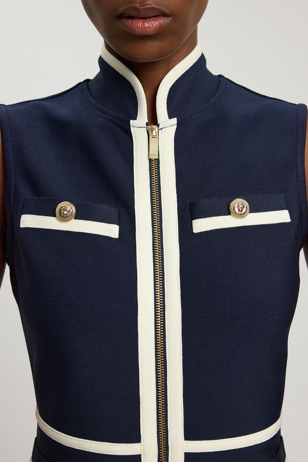 KarenMillen Figure Form Bandage Knit Piping Detail Military Sleeveless Mini Dress