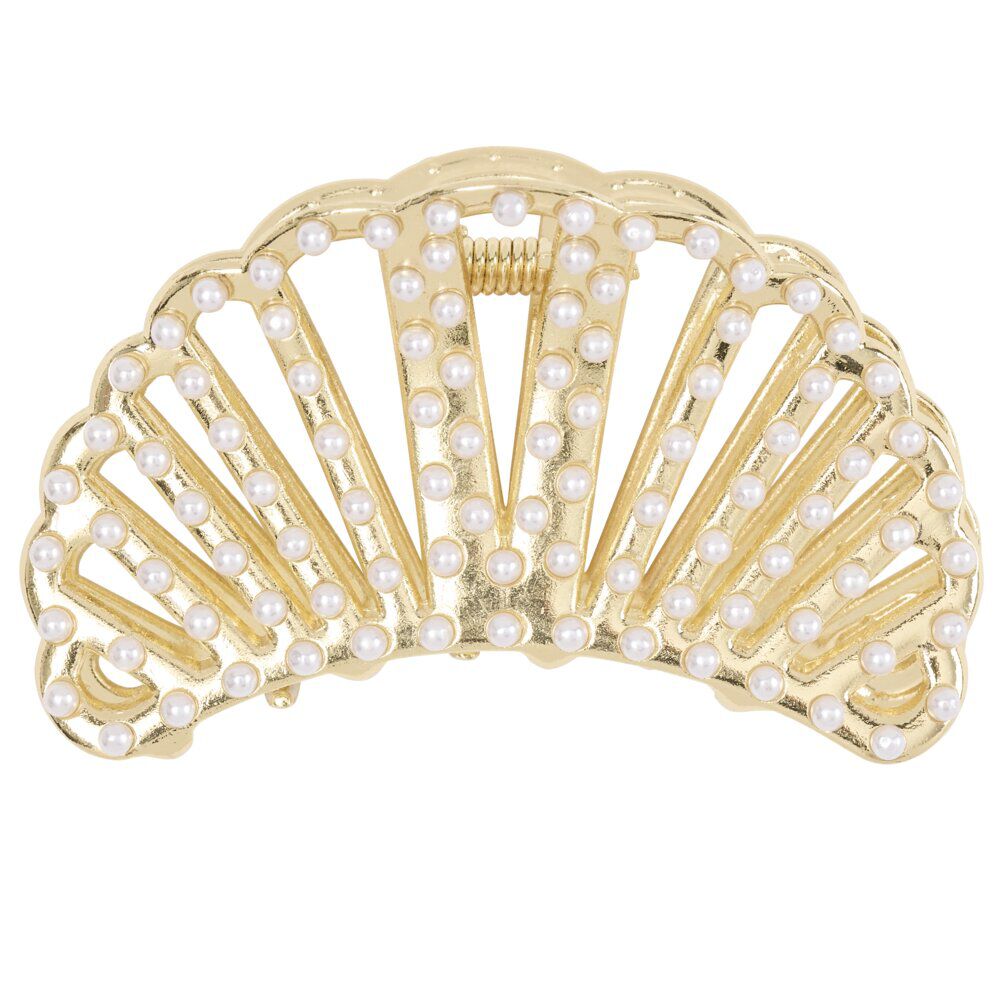 Pince cheveux forme coquillage avec perles métal doré L6cm