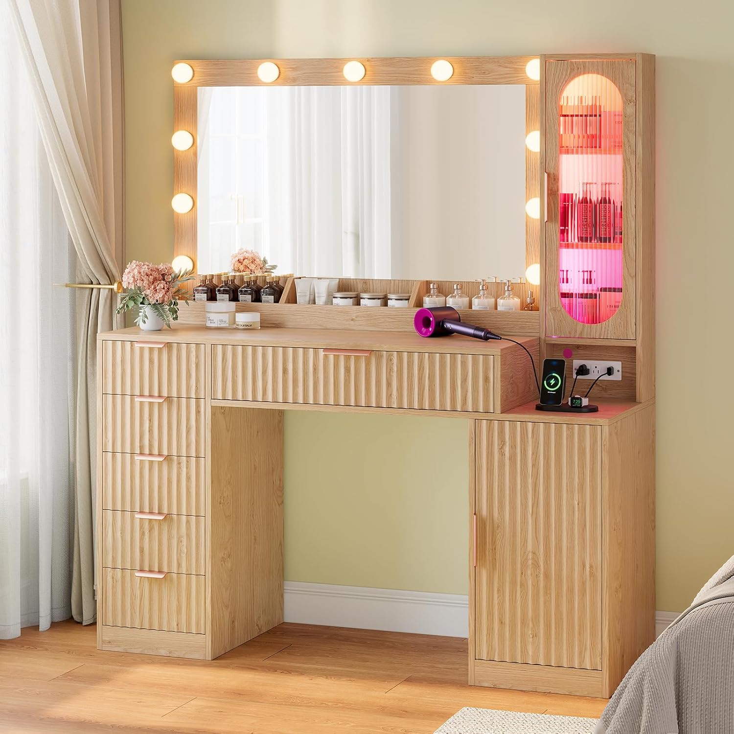 BTHFST Fluted Makeup Vanity Desk with Large 31.5 Mirror and Lights, 46.1 Wood Vanity with Charging Station & RGB Lights, Dressing Table with 6 Drawers & Cabinet & Shelves, Oak