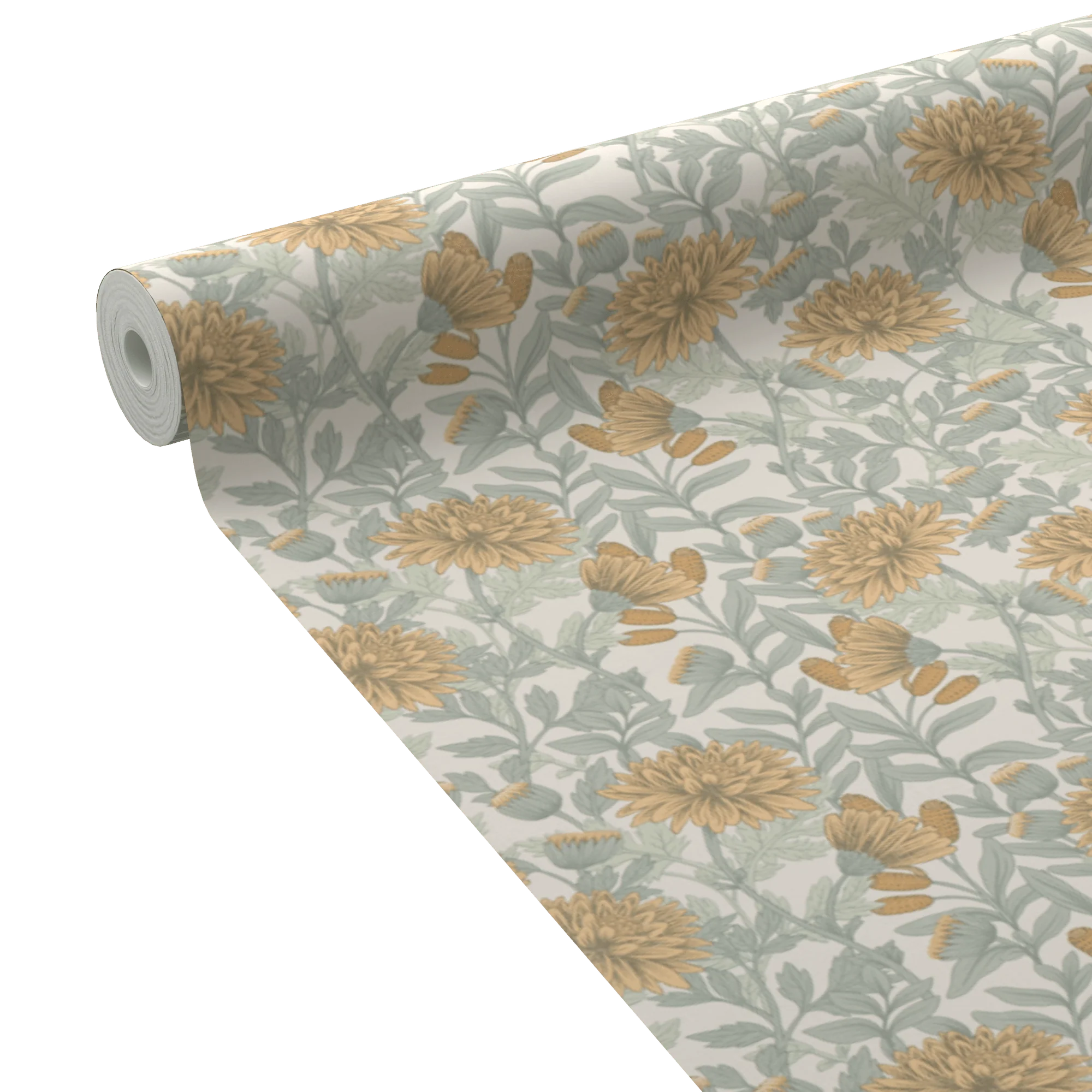 Papier peint intissé DAHLIA coloris vert de gris et ocre