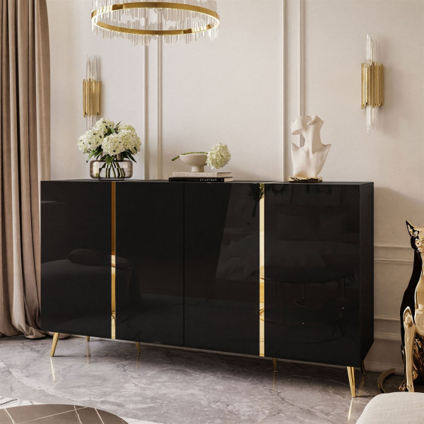Komoda ONYX 4D 158 cm na złotych nóżkach, czarna