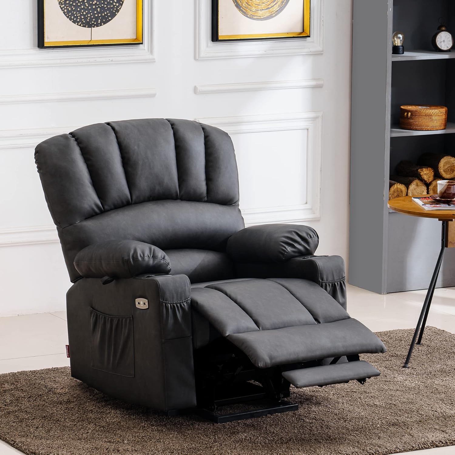 MCombo Power Lift Recliner Chair for Elderly, Lift Chair with Heat and Massage, USB &Type C Ports, Cup Holders, Faux Leather 7095 (Medium, Grey)