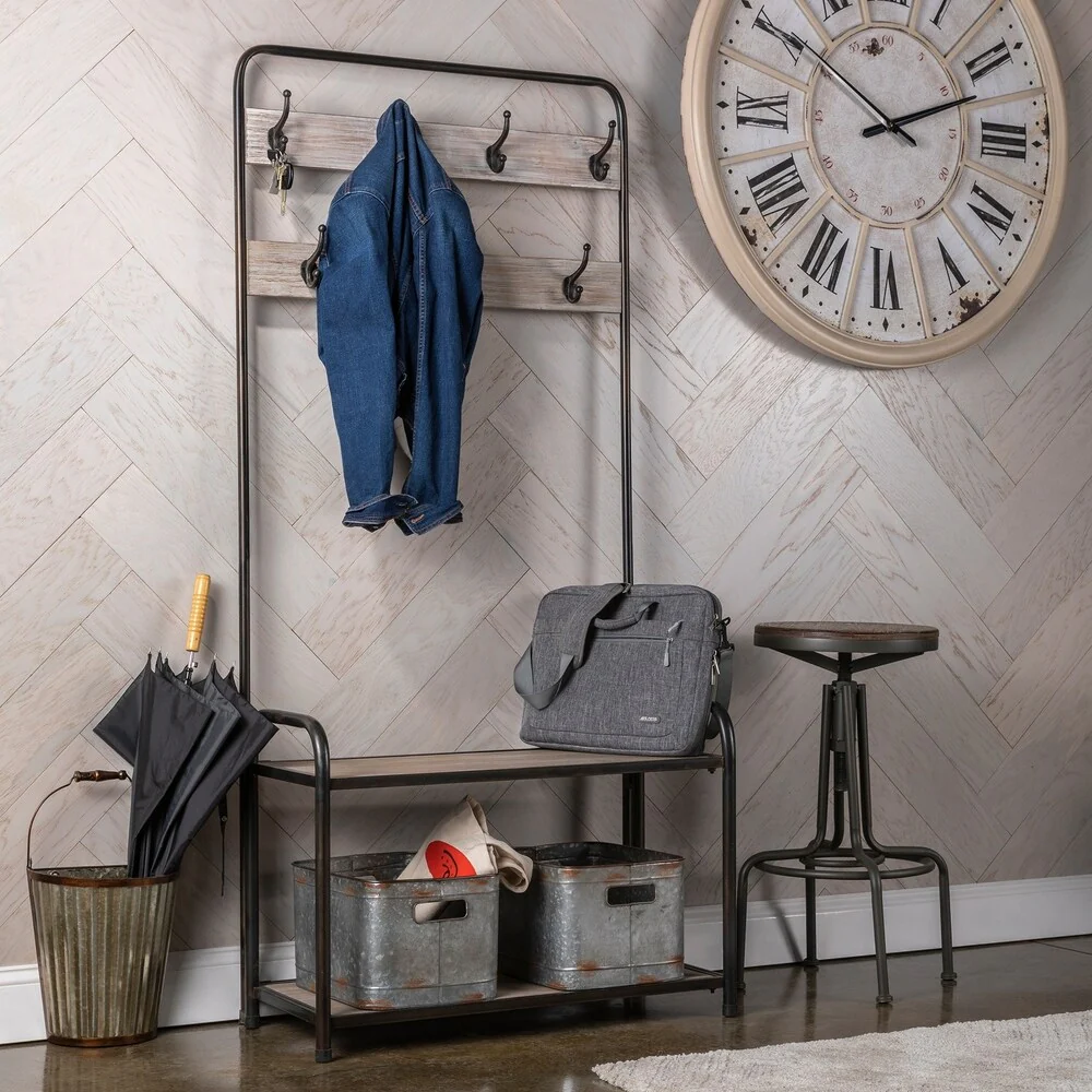 Industrial Wood and Metal Hall Tree Bench with Hooks