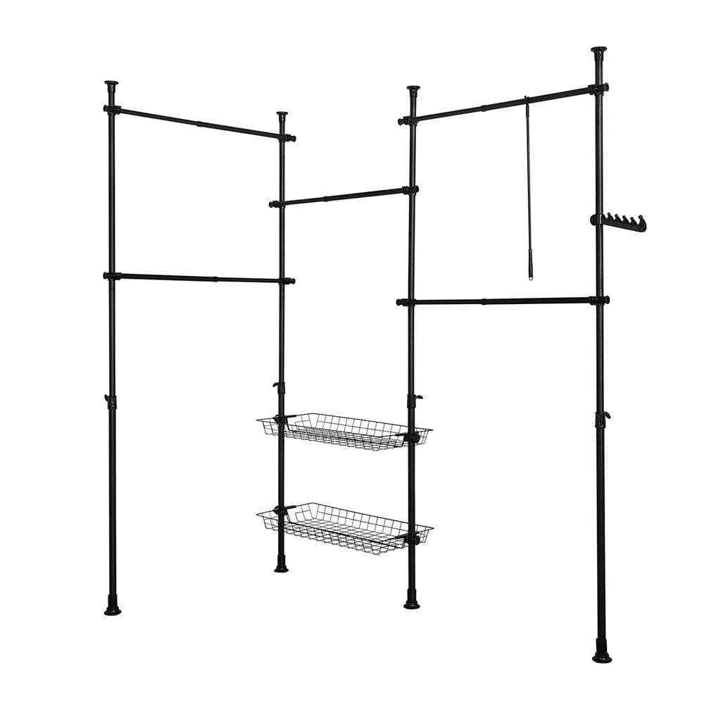 - Télescopique garde-robe 5 barres 2 paniers en métal noir
