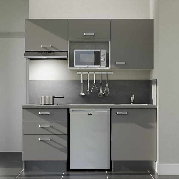 Kitchenette K20 façades Gris - Plan de travail Gris béton - Crédences : Oui - Evier inox - Electroménager Inox inclus