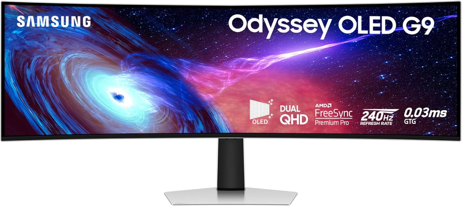 Samsung 49 Odyssey G93SC Series Curved Gaming Monitor  QD-OLED  240Hz  0.03ms  DQHD  G-Sync Compatible  FreeSync Premium Pro  Adjustable Stand