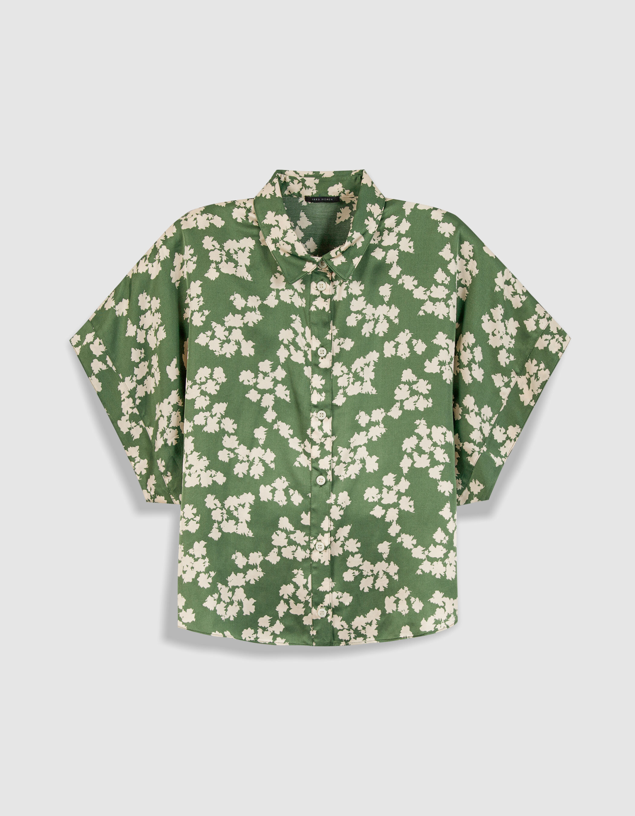 Chemise manches courtes vert satiné imprimé feuilles Femme