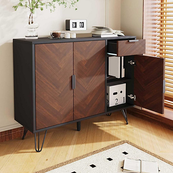 Meuble de rangement moderne en noir et bois, tiroirs et étagères ajustables, buffet / armoire 90x30x71,5 cm