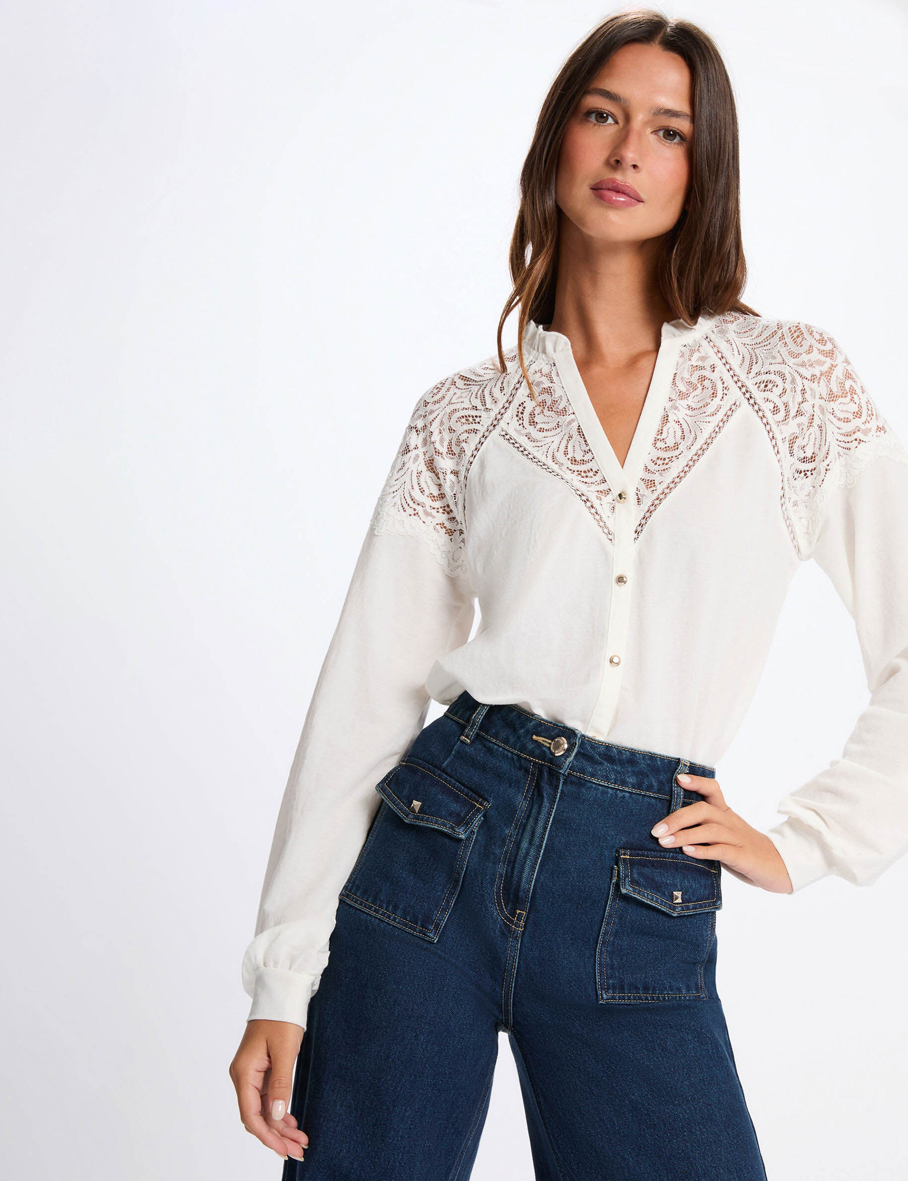 Lace V-Neck T-Shirt White Women