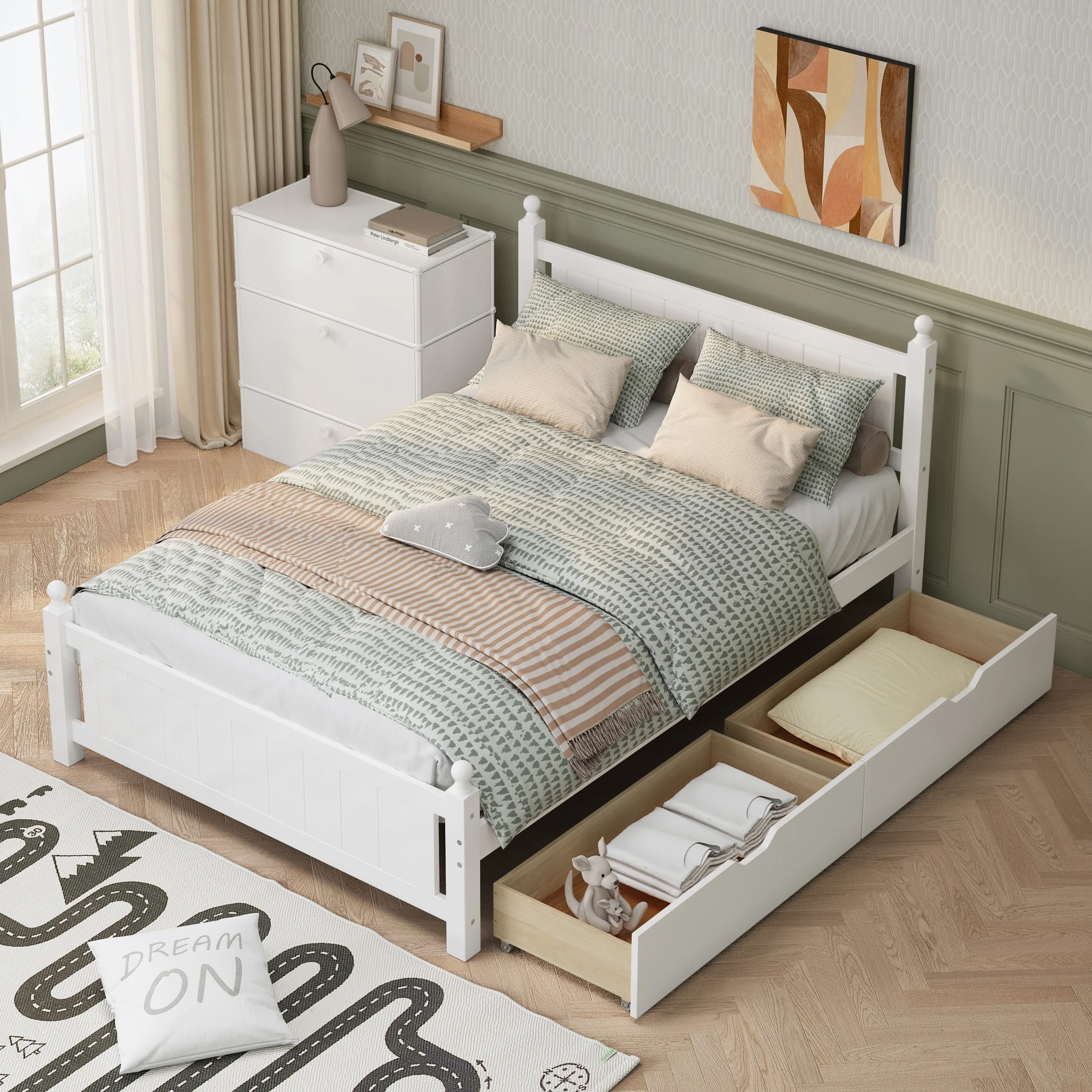 Full Size White Solid Wood Platform Bed with Drawers