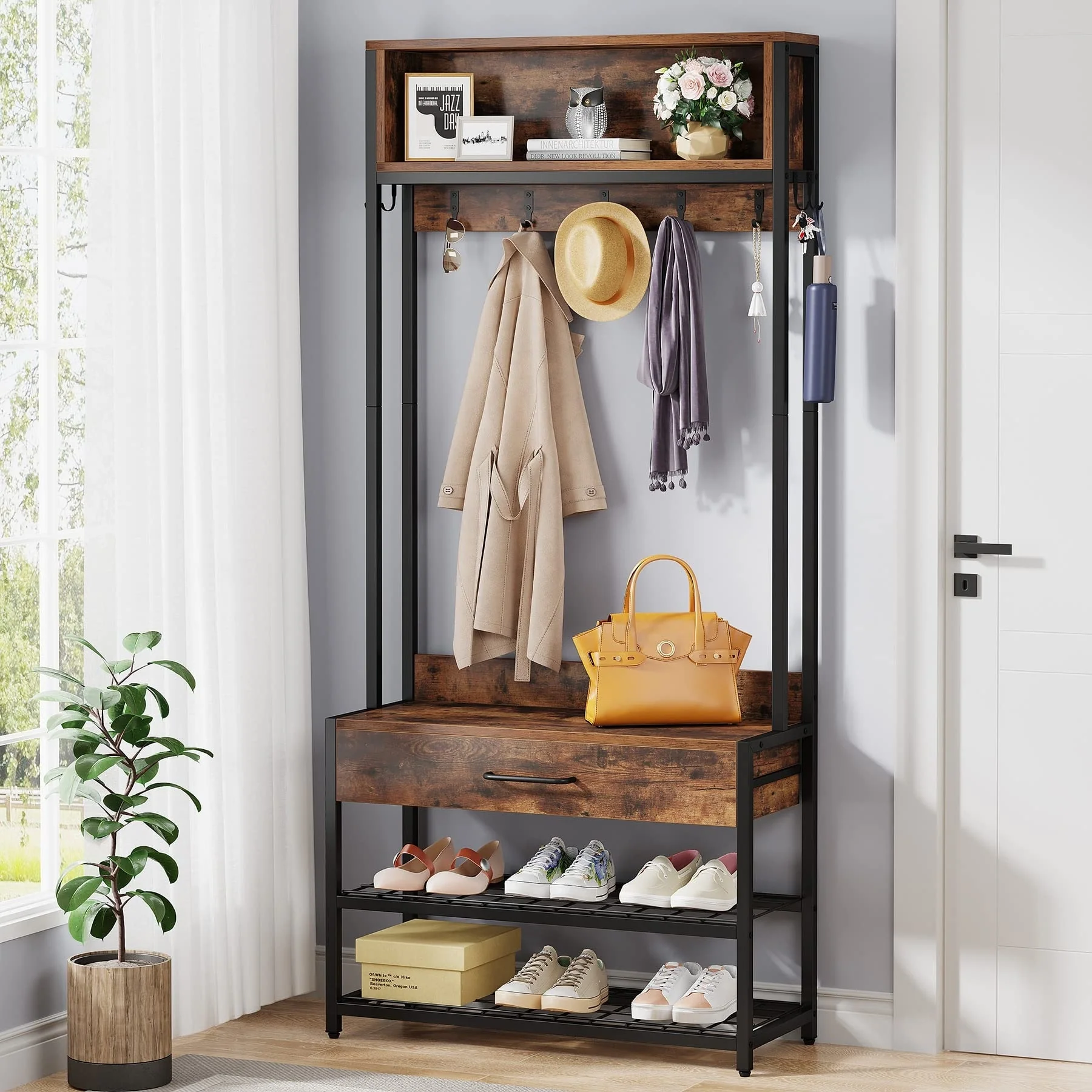 3-in-1 Entryway Hall Tree with Drawer, Vintage Industrial Coat Rack with Shoe Bench & Hutch & 9 Hooks