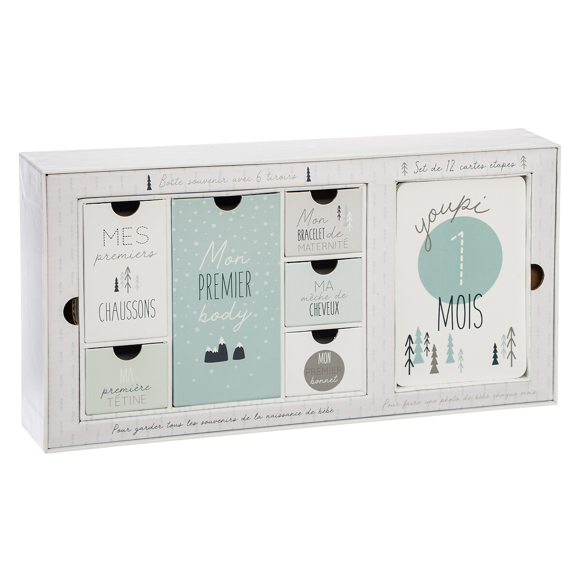 Caixa de lembranças de nascimento com 6 gavetas e 12 cartões azul claro