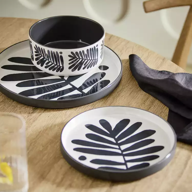 Habitat Leaf 12 Piece Stoneware Dinner Set - Black & White