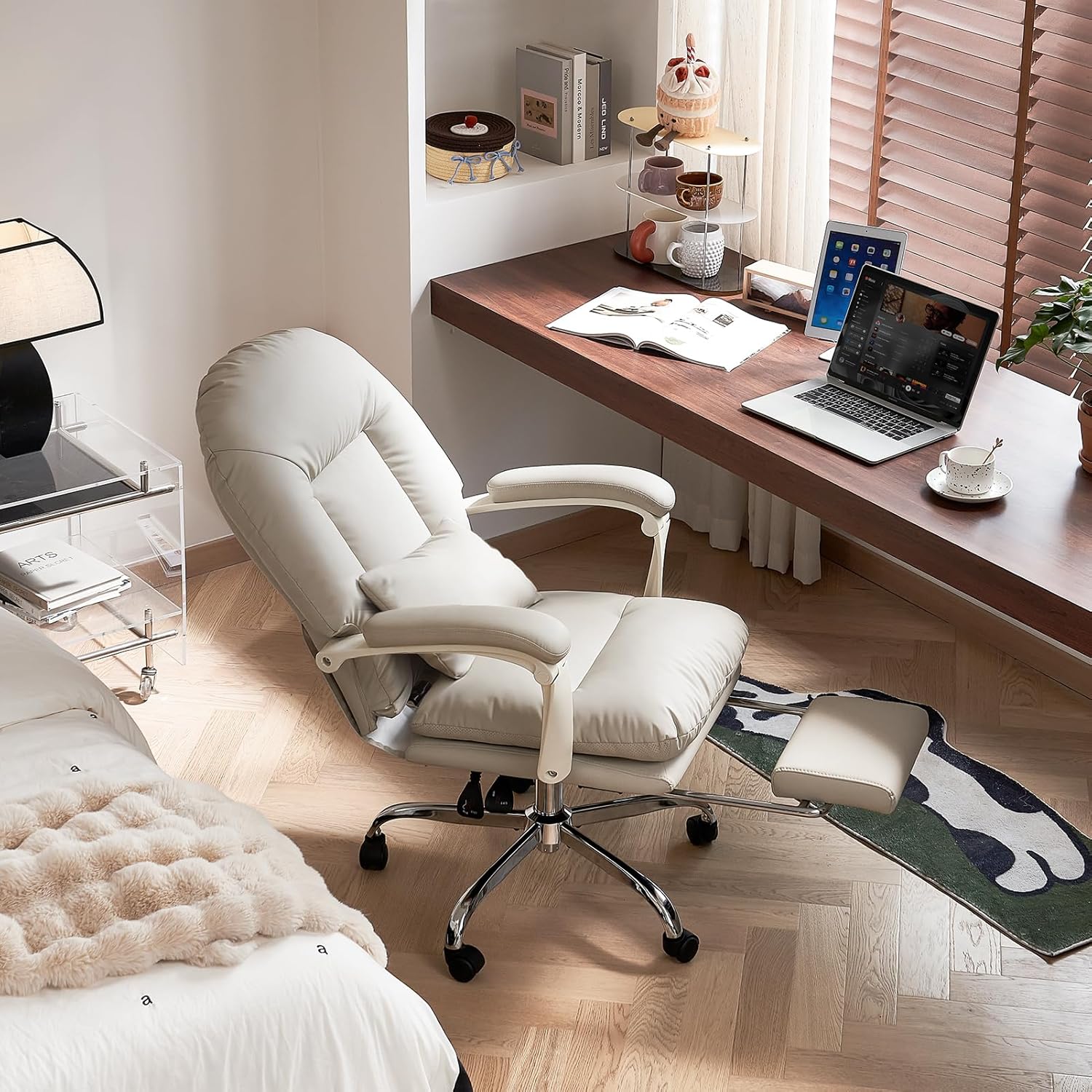 EMIAH Ergonomic Office Chair with Foot Rest Criss Cross Chair with Wheels Reclining Executive Office Chair Mid Back PU Leather Swivel Computer Chairs Lumbar Support for Home Office (Beige)