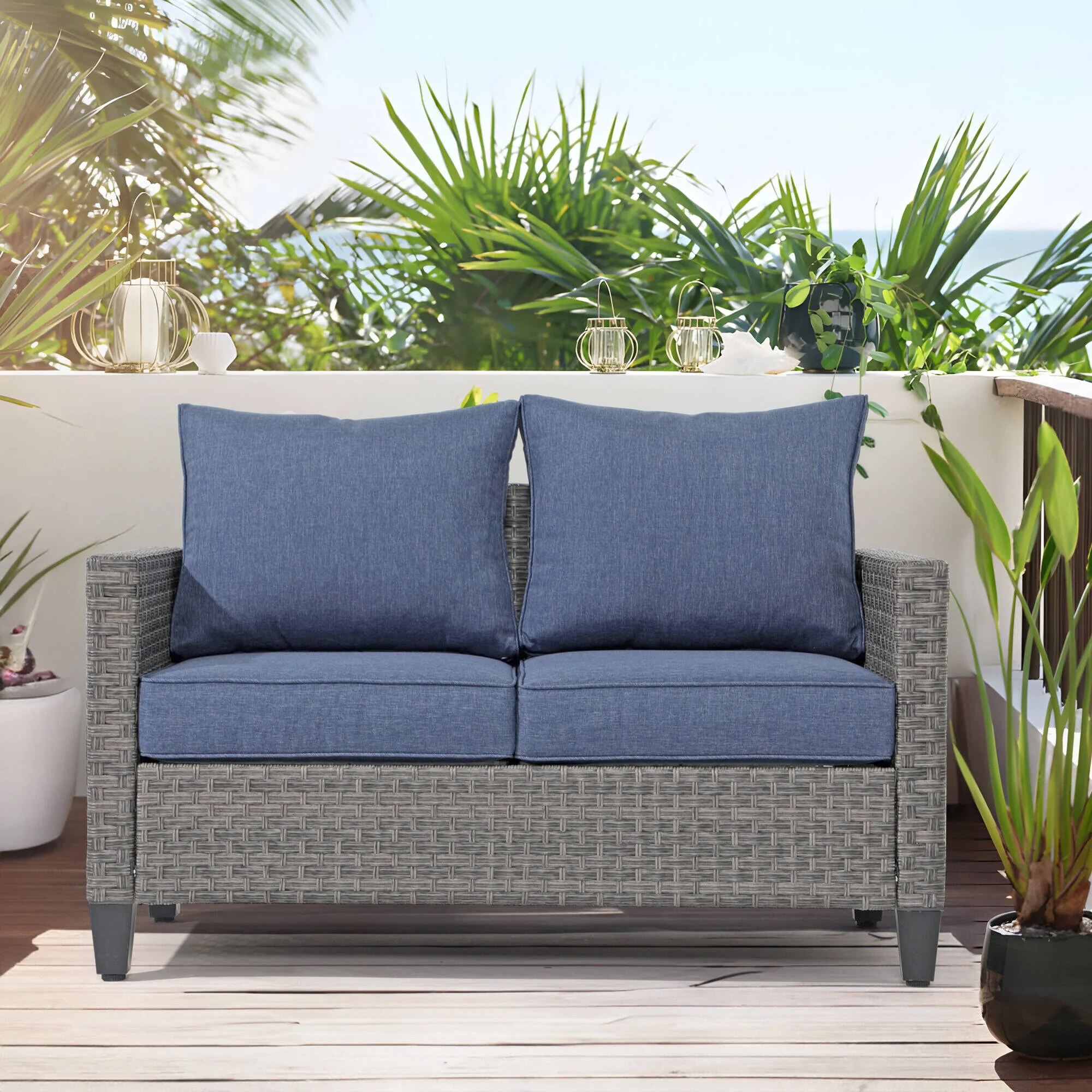 Outdoor Wicker Cushioned Loveseat