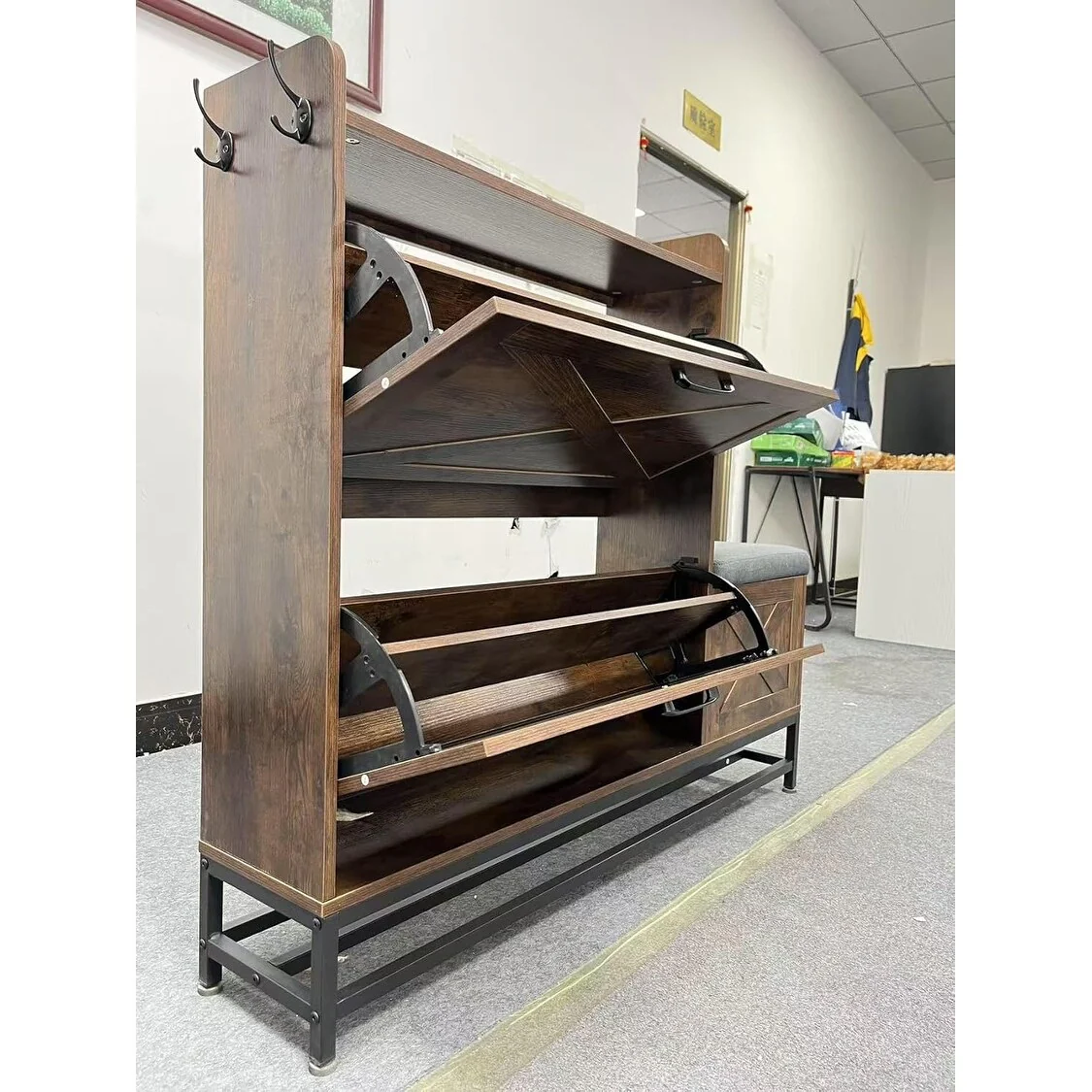 Shoe Cabinet with 2 Flip-Drawers & Storage Bench, Farmhouse Wood Freestanding Shoe Rack with 2 Hooks & Bottom Shelf