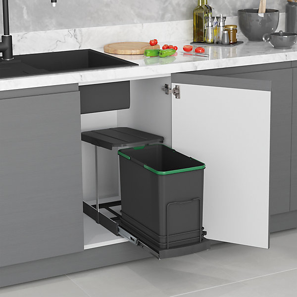 Emuca Poubelle de recyclage Recycle pour cuisine, 24 L, fixation au fond et extraction manuelle/automatique, Plastique gris