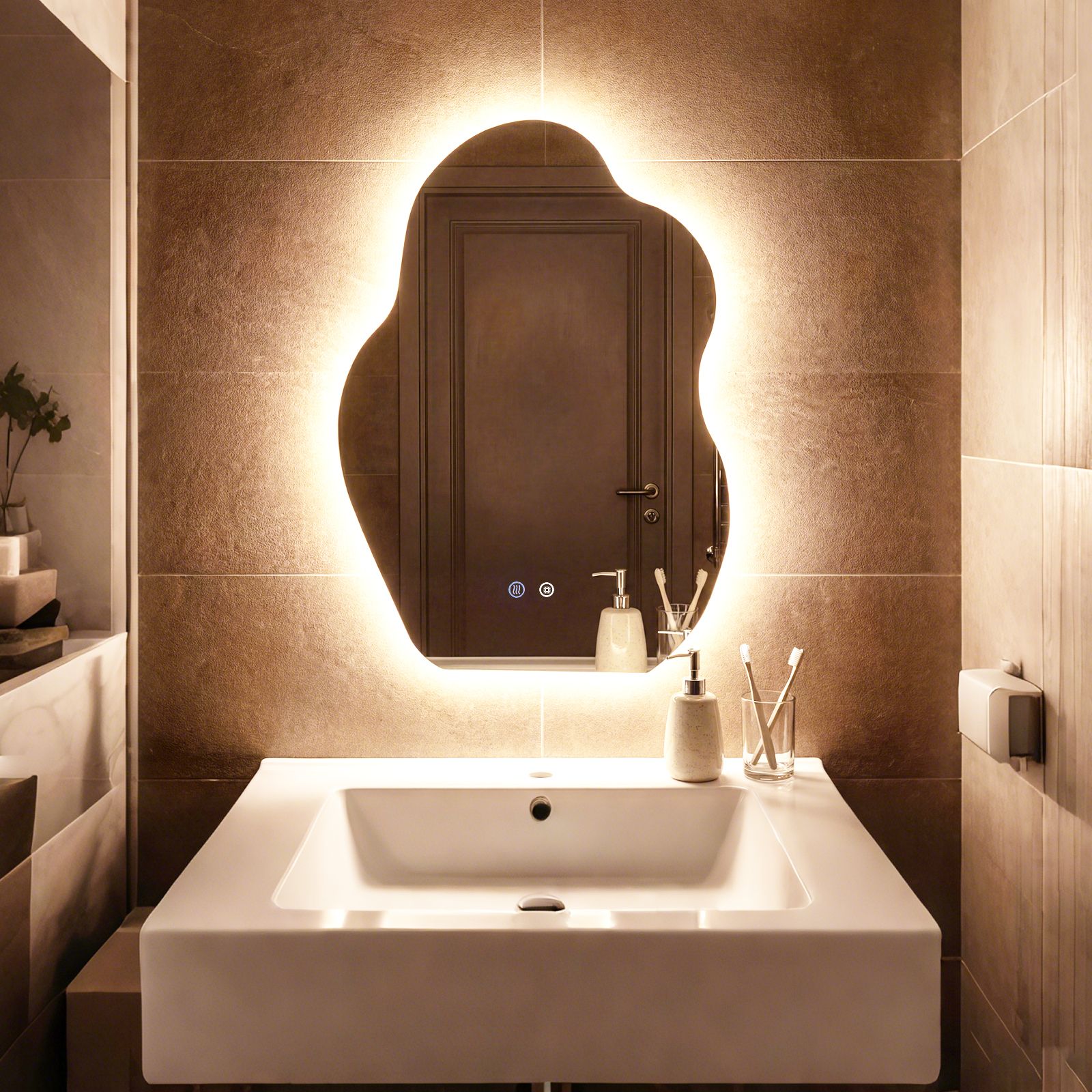 Costway 70 x 50 CM Irregular LED Bathroom Mirror Tempered Glass Wall Mirror