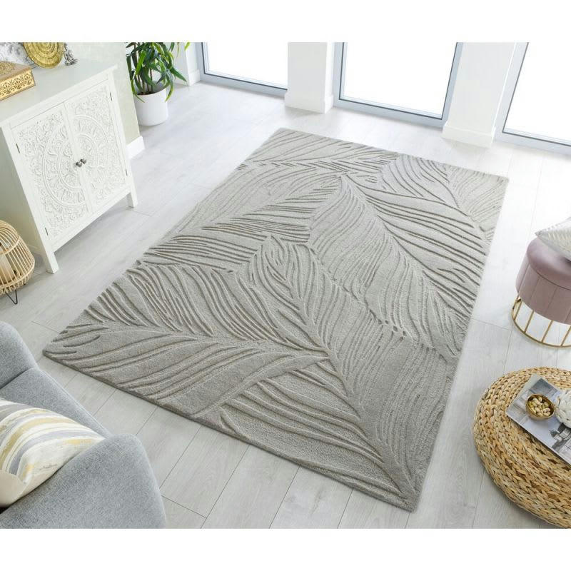LEAF - Tapis en laine Gris effet 3D relief feuilles Lino 200 x 290
