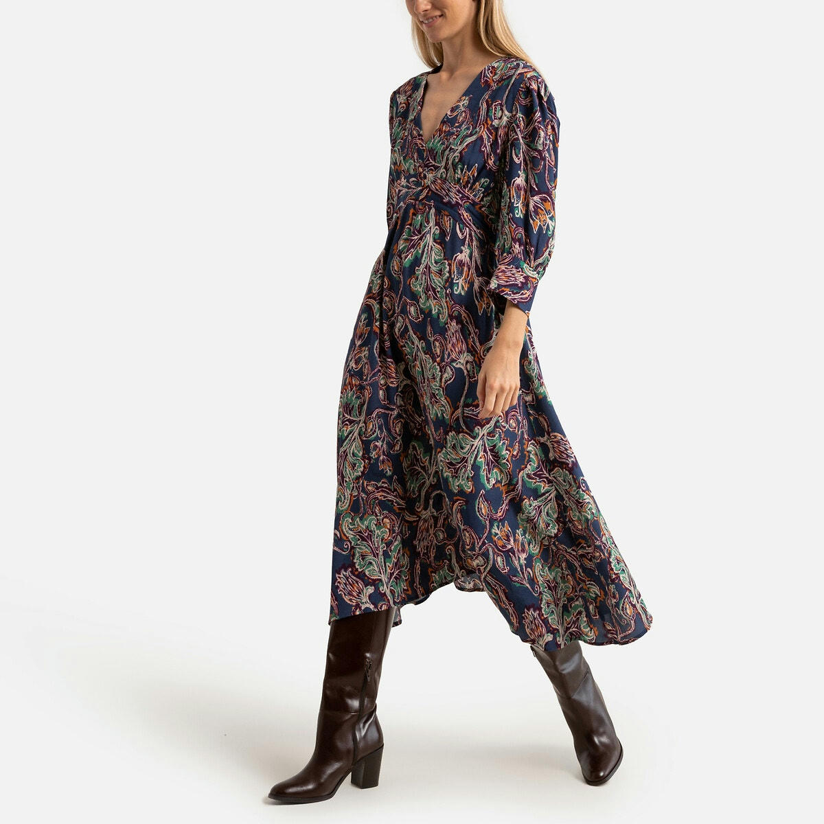 Robe longue imprimée, manches 3/4