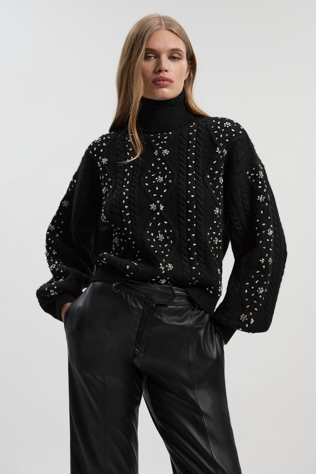 KarenMillen Wool Blend Embellished Cable Knit Jumper