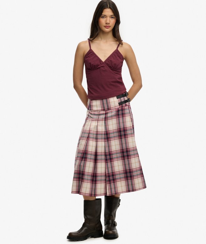 Check Pleated Midi Skirt