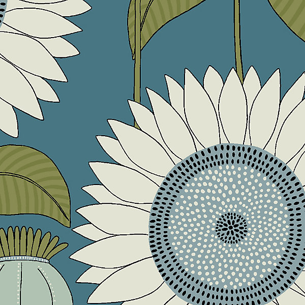 Papier peint vinyle intissé Cuisines &Bains Lutece mat et satiné tournesol, fleurs bleu, vert l.1005 x l.53 cm