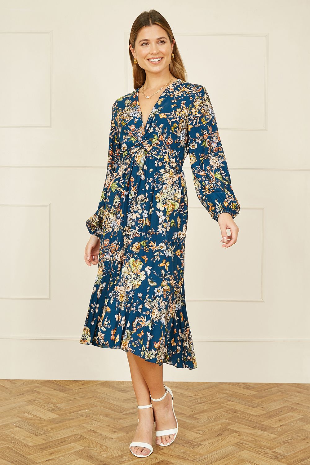 Yumi Yumi Blue Butterly Floral Tie Knot Front Long Sleeve Midi Dress