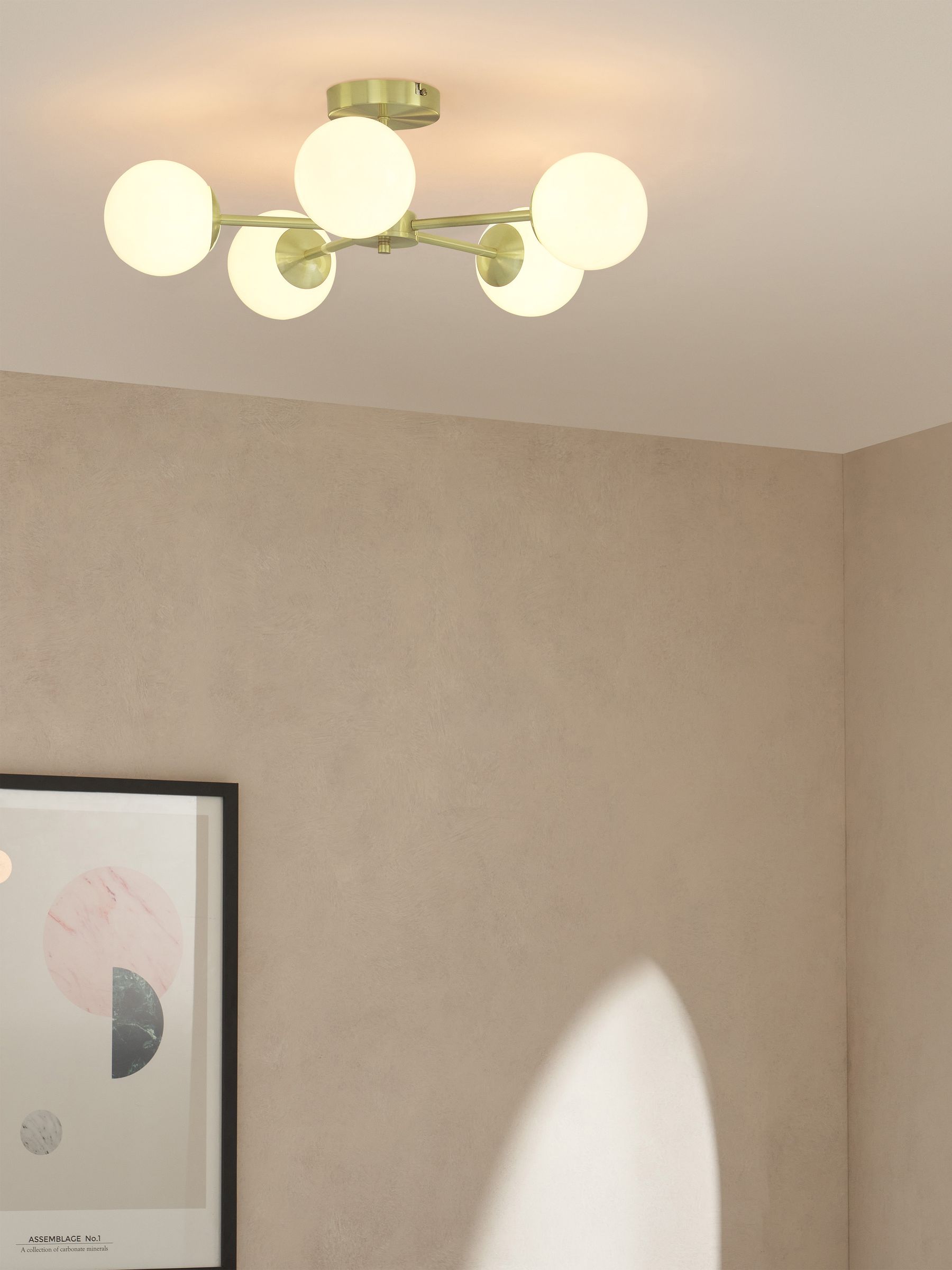Globe 5 Light Flush Ceiling in Brass/Opal
