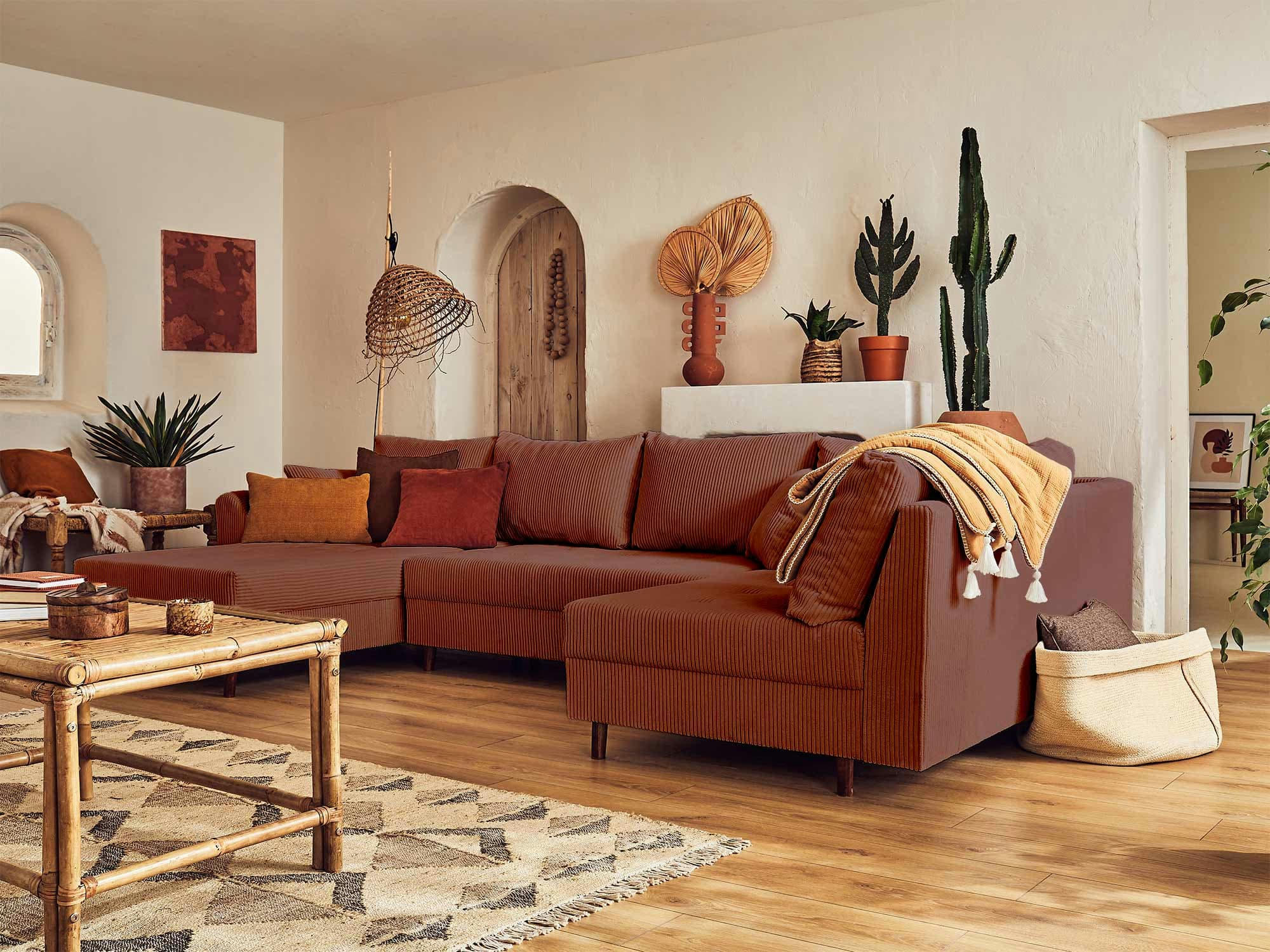 RUNE - Canapé d'angle droit 7 places en velours côtelé terracotta