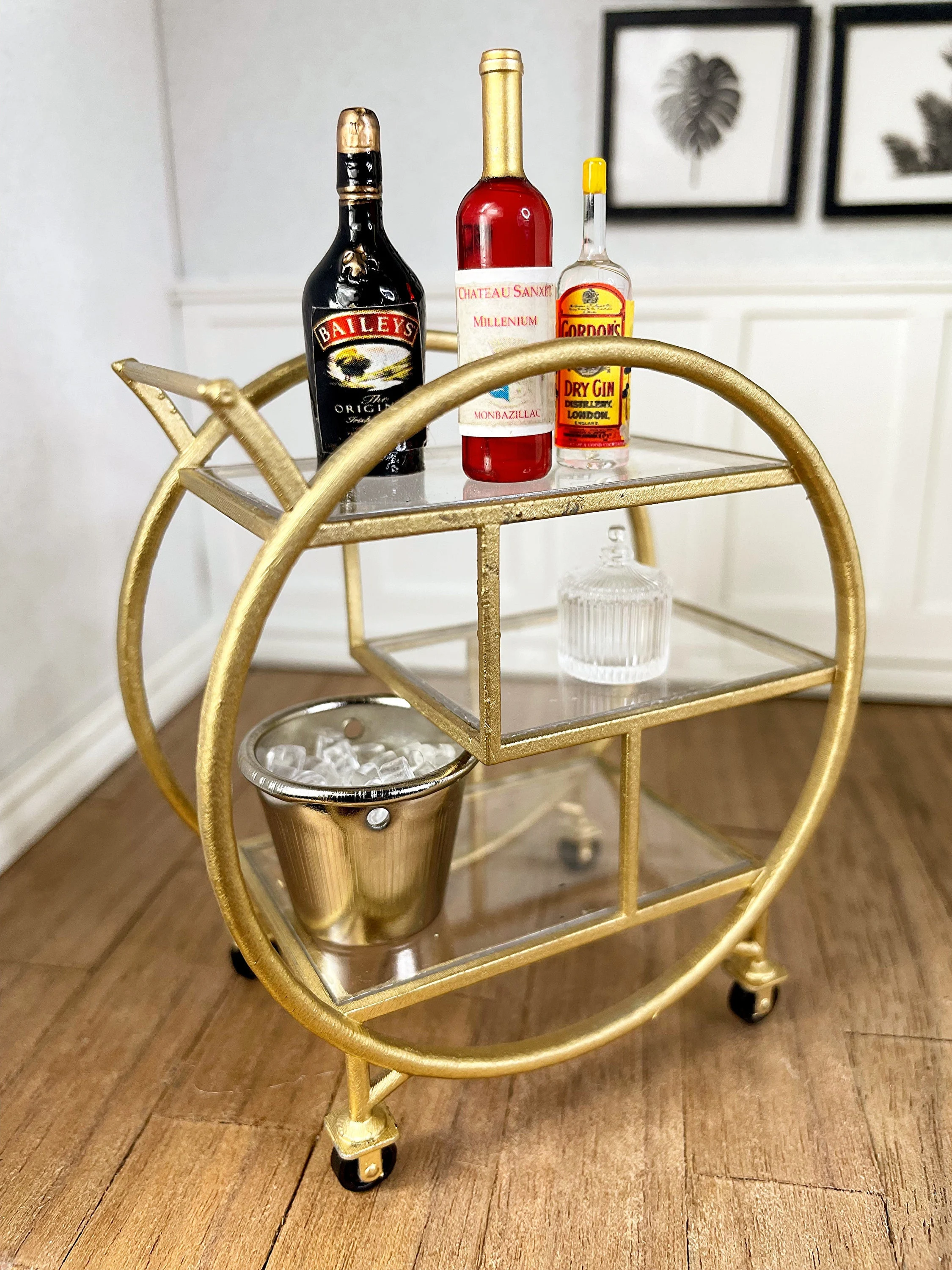Dollhouse Miniature Round Bar Cart, Modern Miniatures 1:12 Scale