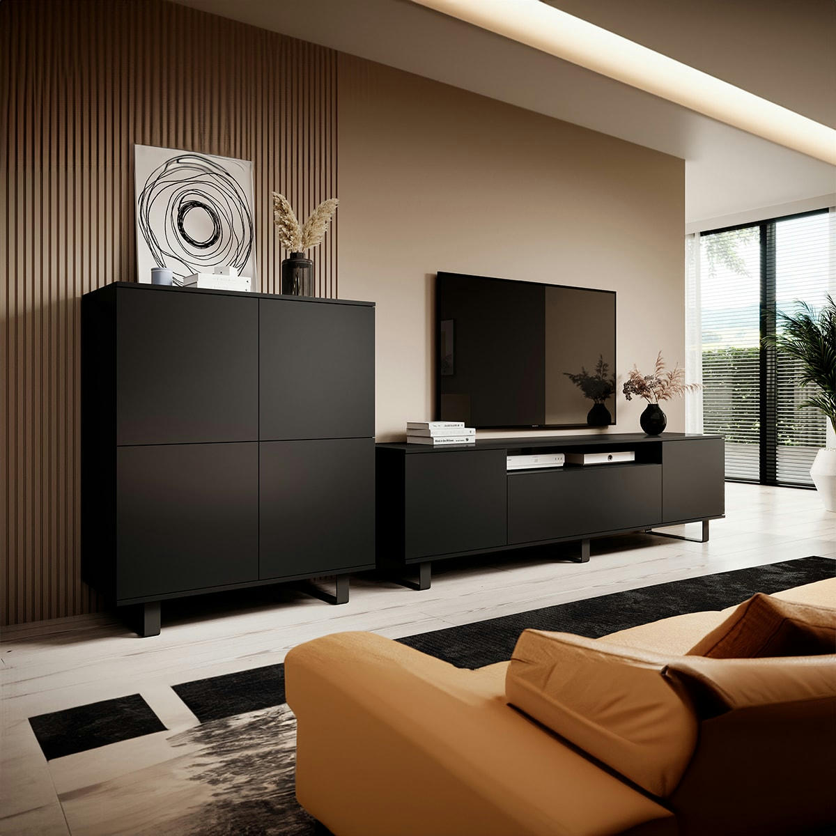 - Ensemble salon 2 pièces stratifiés, métal noir