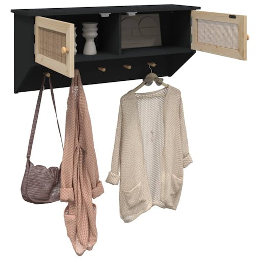 NNEVL Wall-mounted Coat Rack Black Engineered Wood and Natural Rattan
