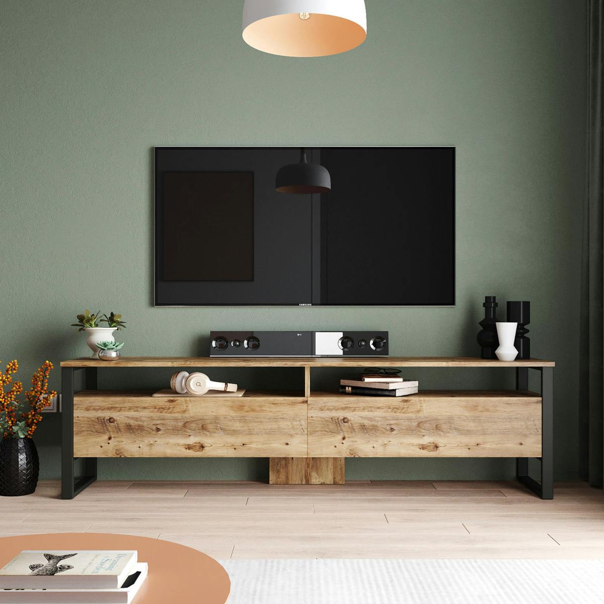 Meuble TV campagne décor bois 4 espaces de rangement JENA