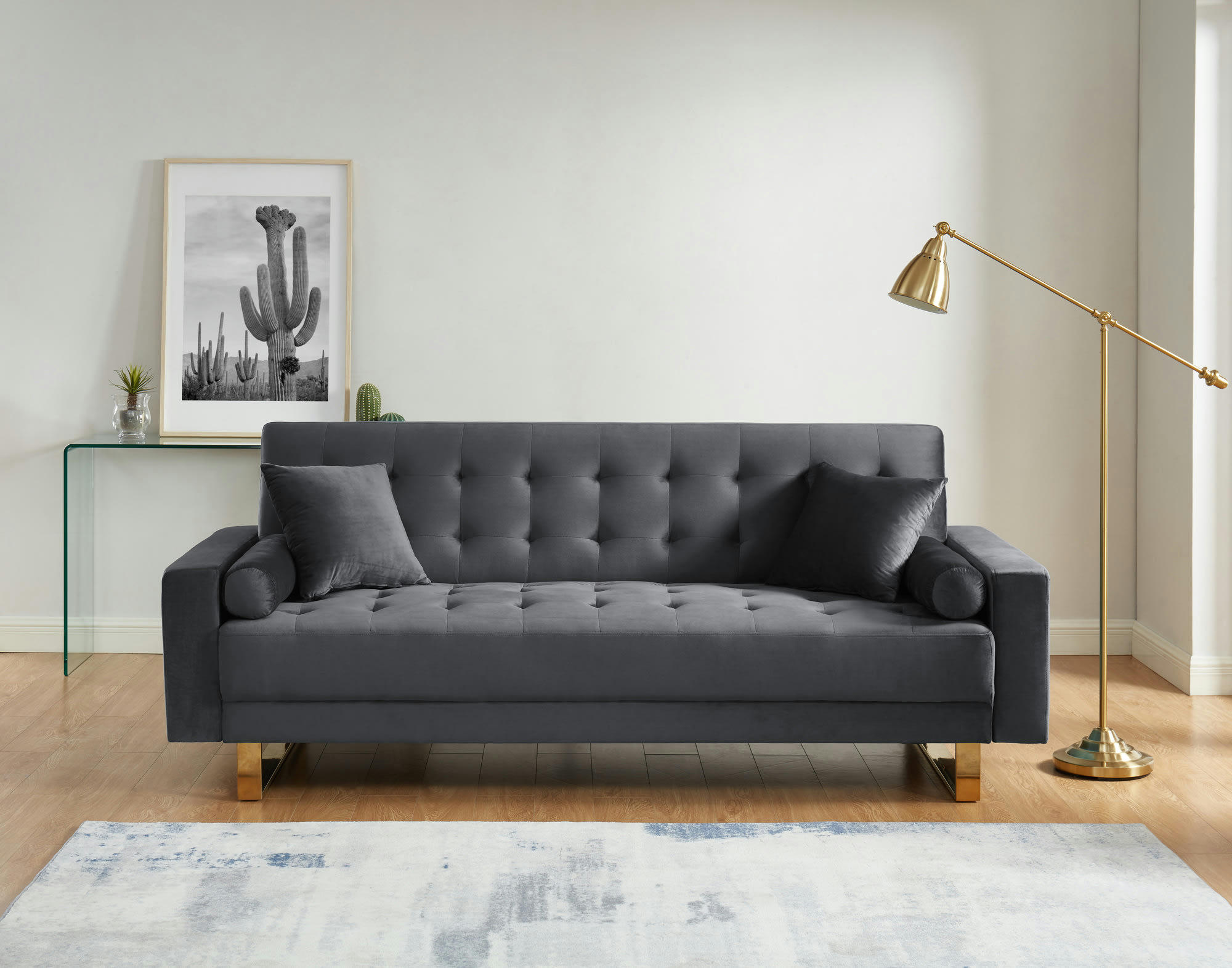 AUGUSTE - Canapé droit convertible en velours 3 places gris anthracite