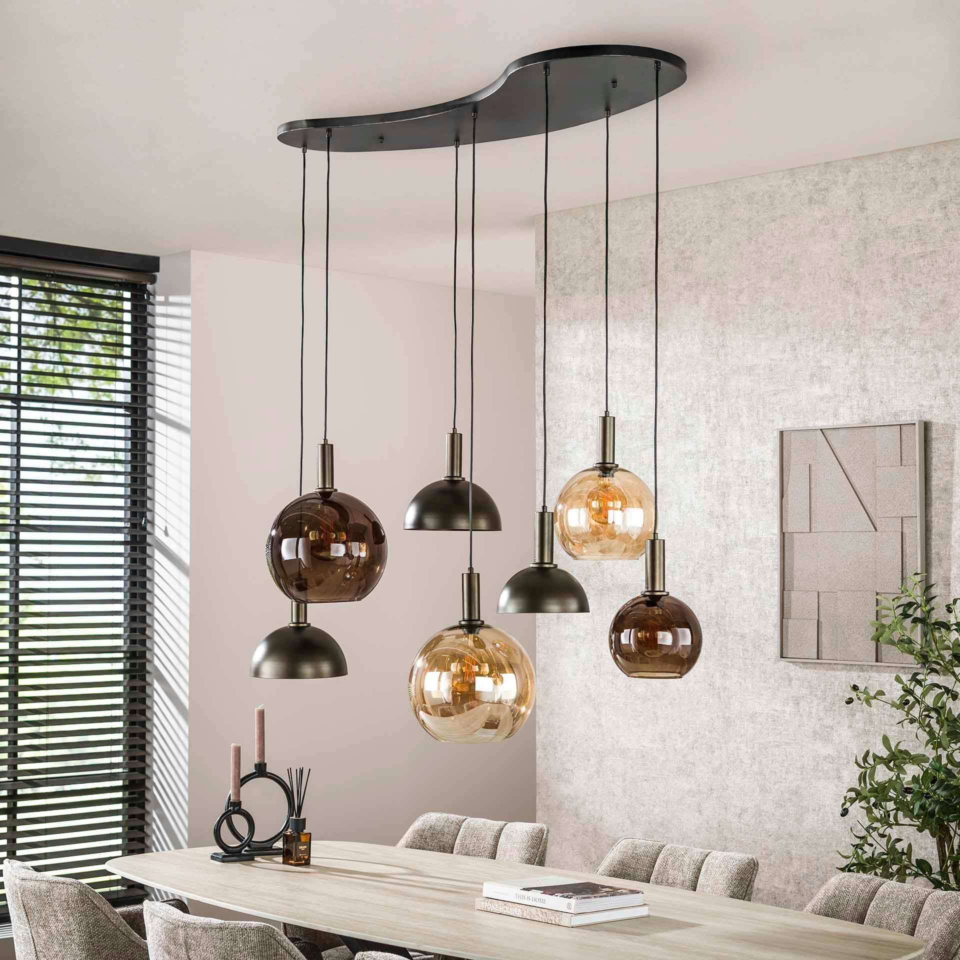 Suspension industrielle abat-jour verre et métal 7 lampes NOVA