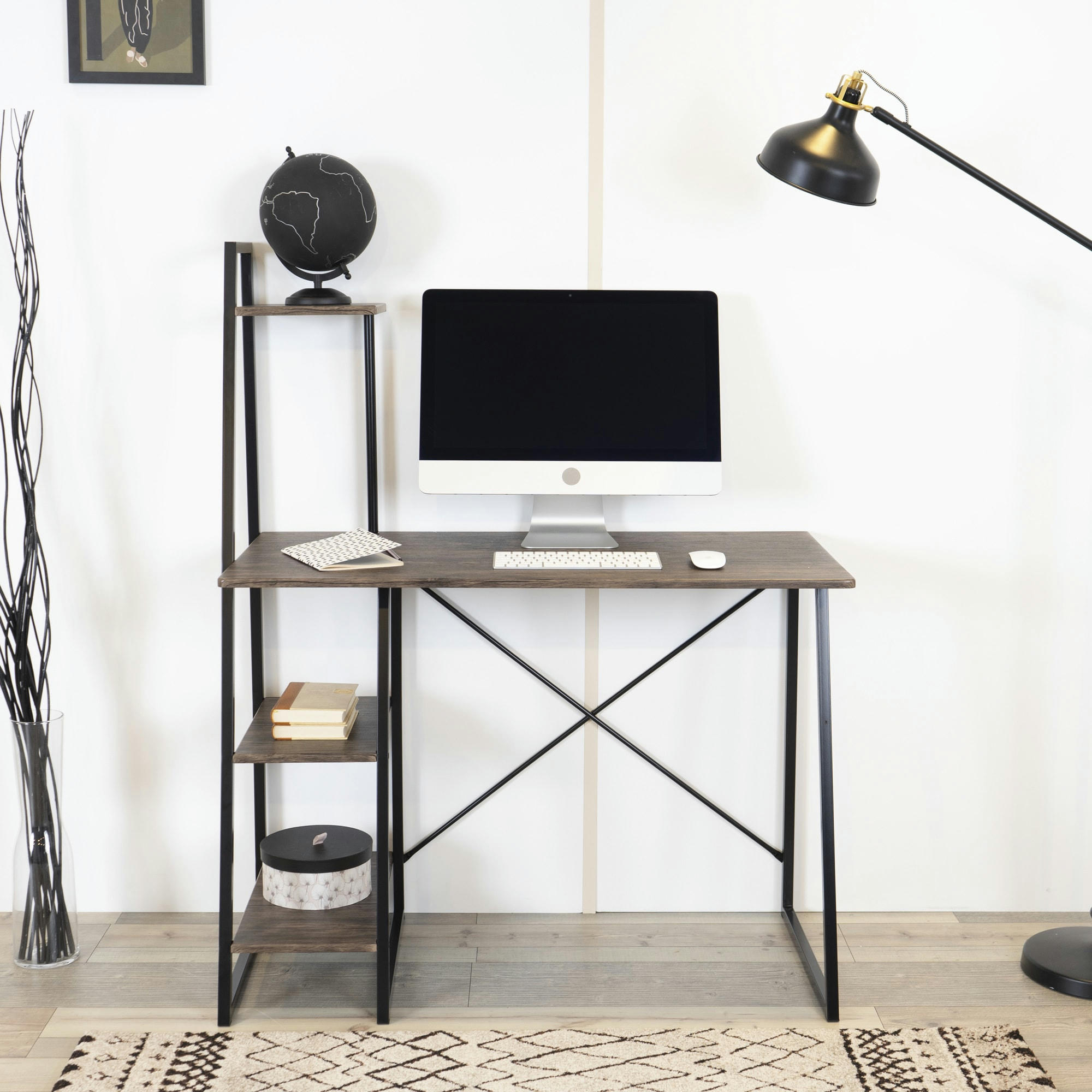 - Bureau de style industriel avec étagères de rangement noyer foncé